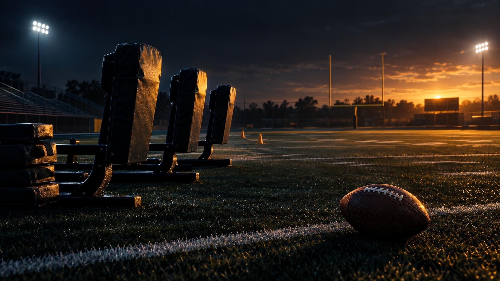 Football und Trainingsschlitten auf einem beleuchteten Trainingsfeld