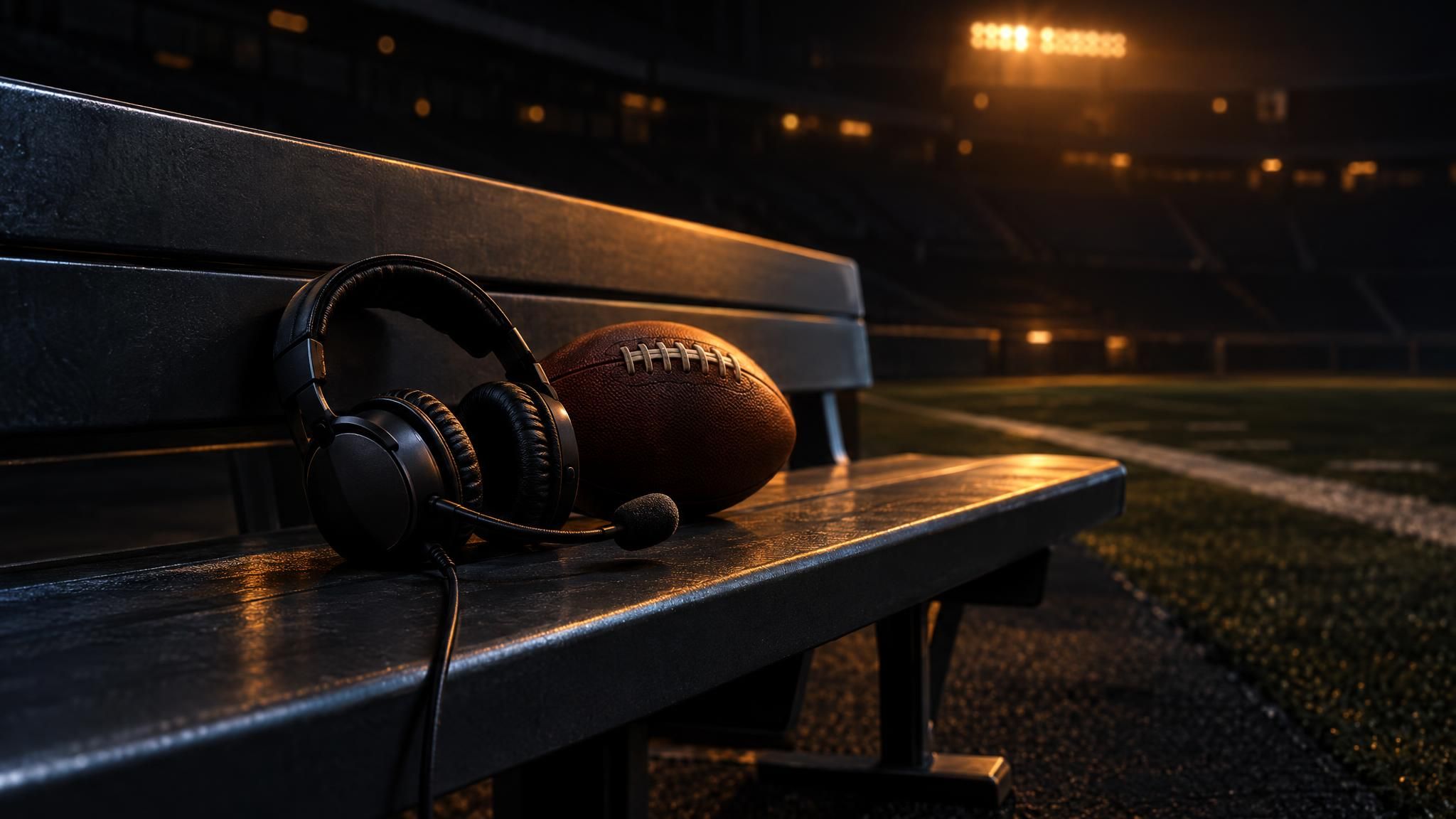 Football und Trainer-Headset auf einer leeren Bank im dunklen Stadion