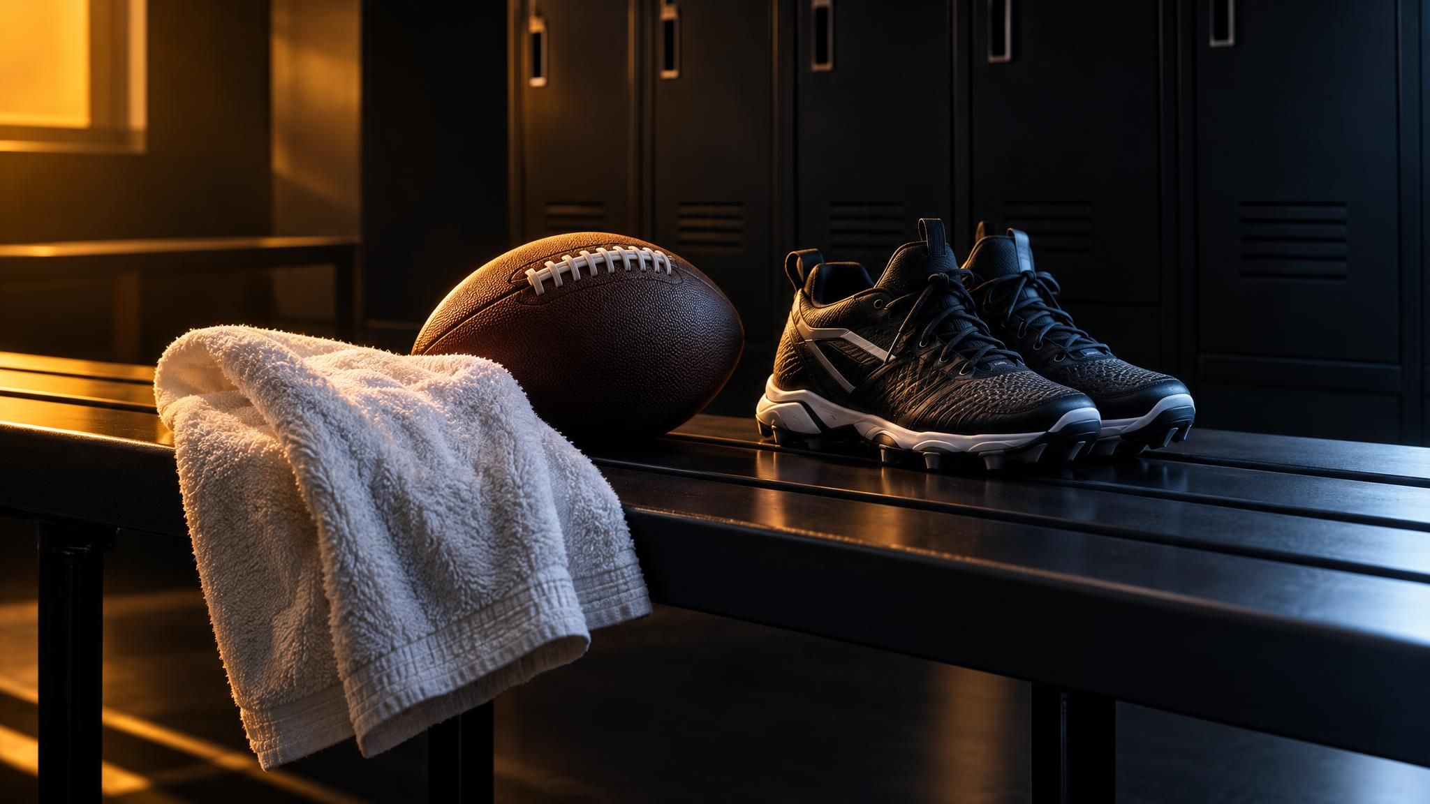 Football, Trainingsschuhe und weißes Handtuch auf einer leeren Bank