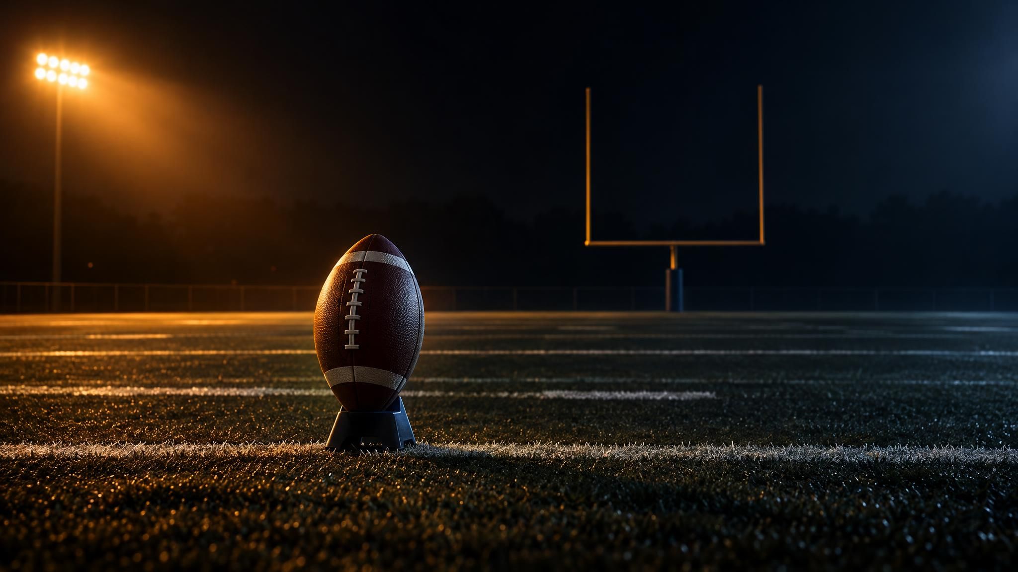 American Football auf einem Kicking Tee vor Torpfosten bei Nacht