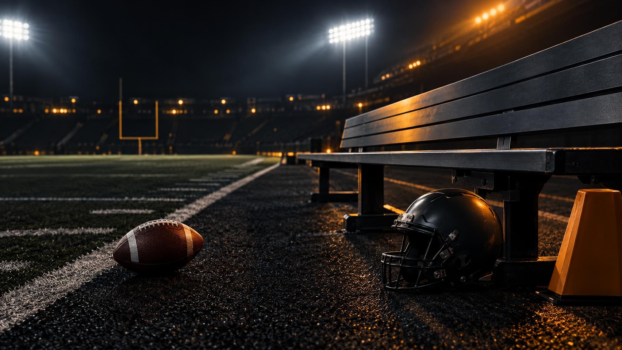 American Football und leerer Helm neben einer Bank am Spielfeldrand unter Flutlicht
