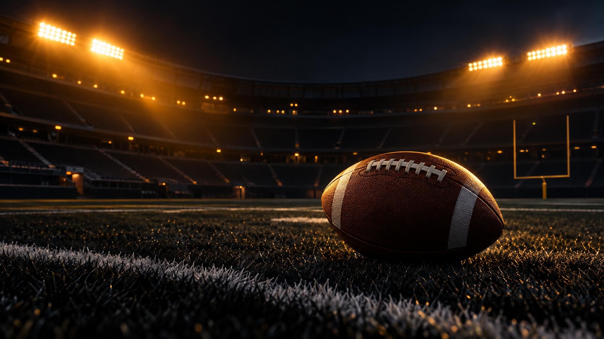 American Football auf dunklem Rasen unter warmem Stadionlicht