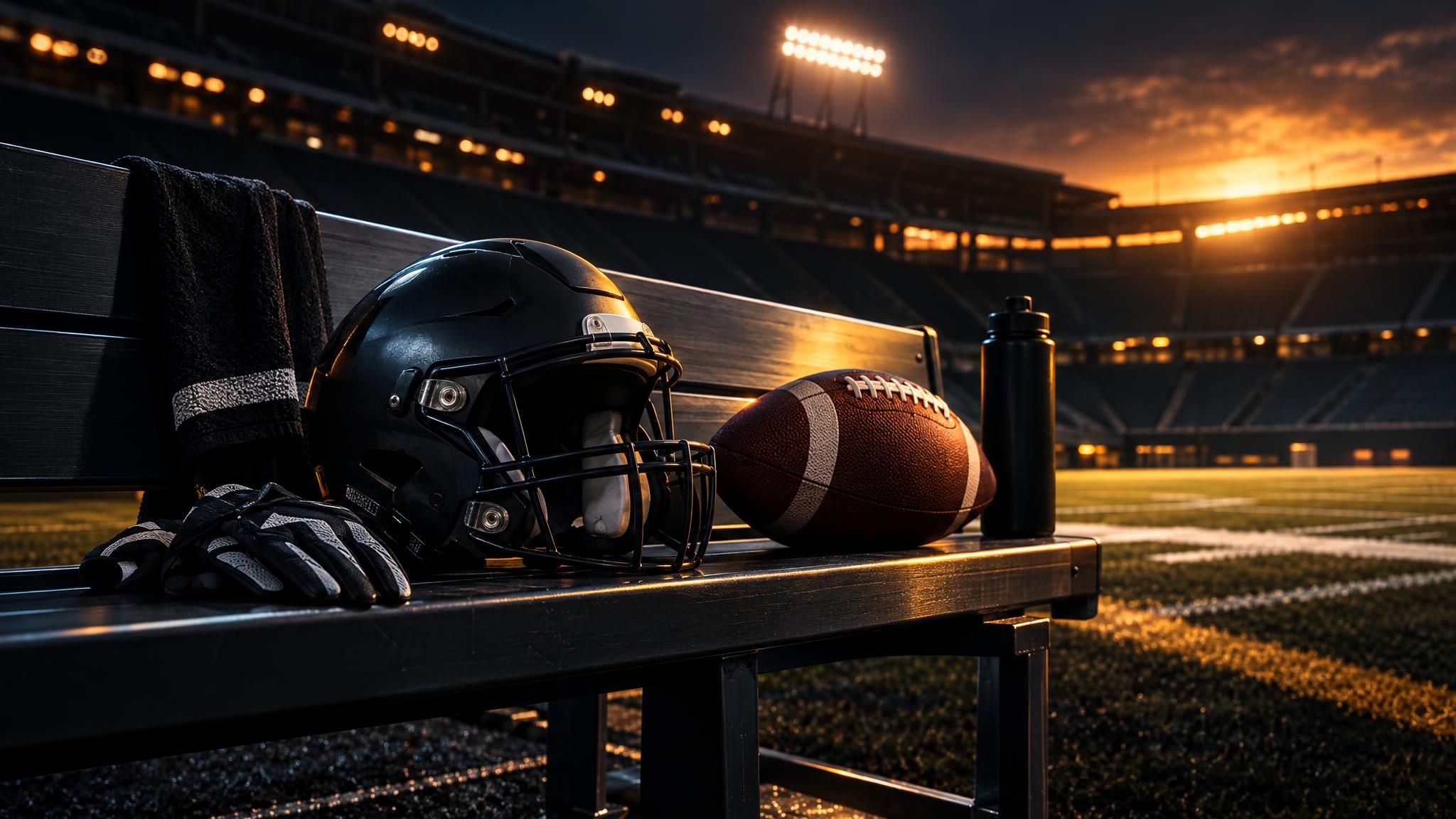 Football und neutrale Ausrüstung auf einer Stadionbank im warmen Flutlicht