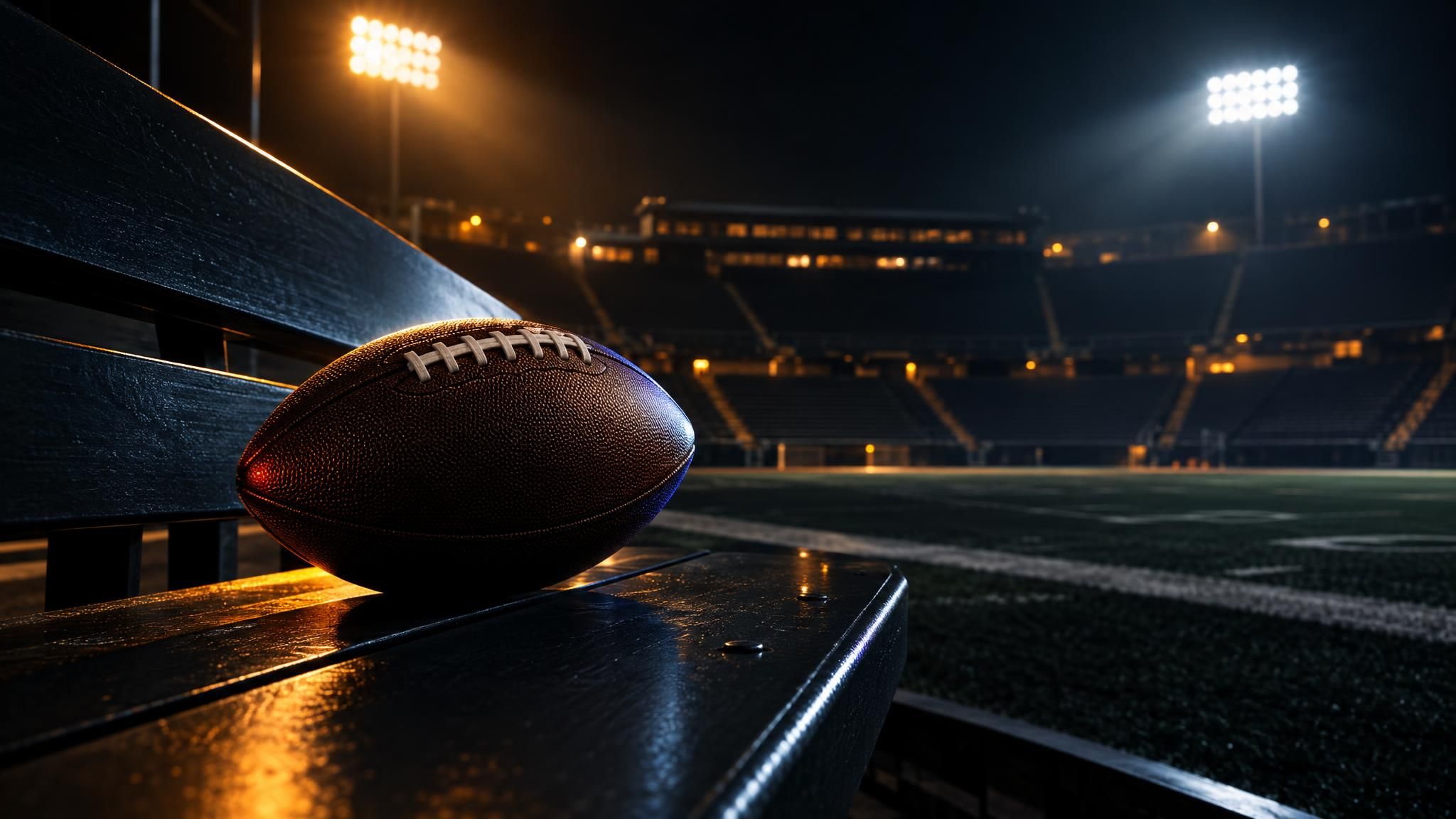 American Football auf einer dunklen Stadionbank bei Flutlicht