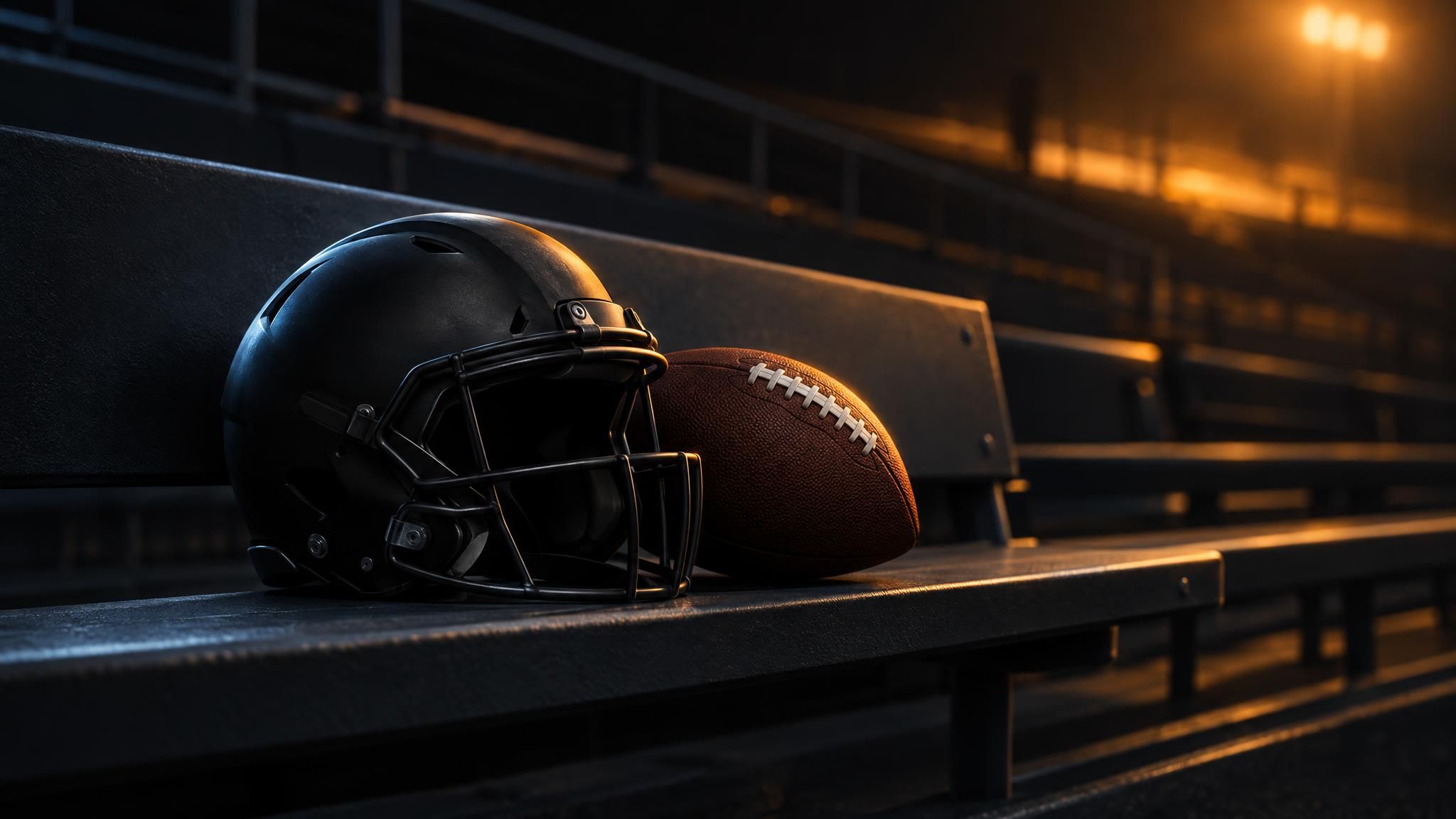 Schwarzer Football-Helm und Football auf einer leeren Stadionbank