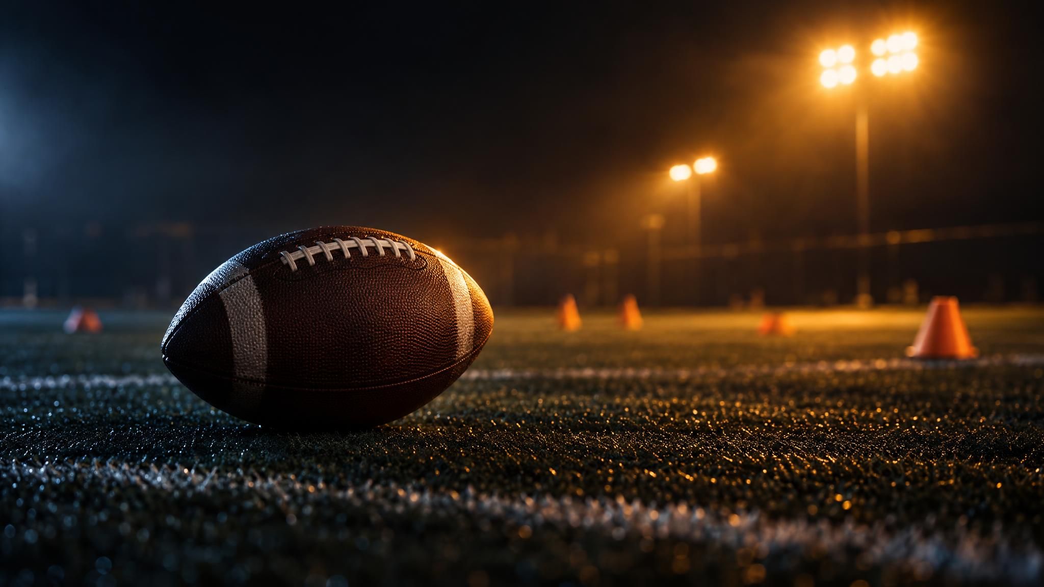 American Football auf einem leeren Trainingsfeld unter warmem Flutlicht