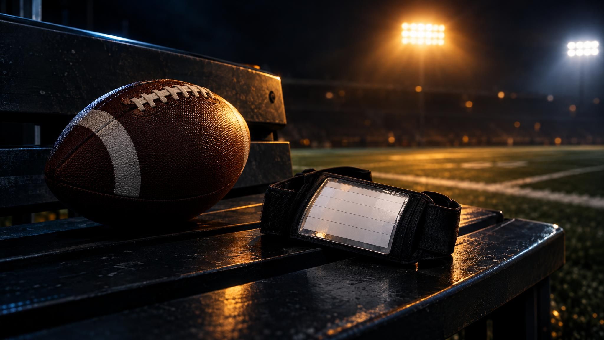 American Football und leeres Spielzug-Armband auf einer dunklen Stadionbank unter Flutlicht