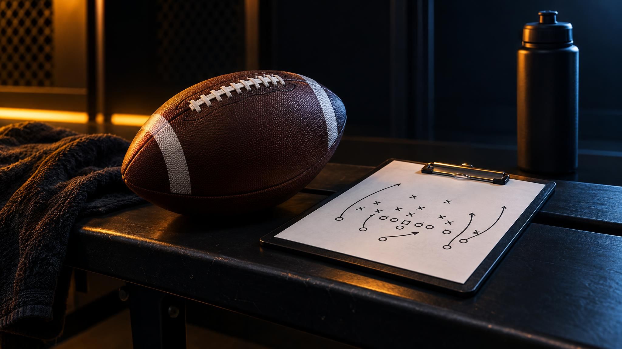Football und Spielzugtafel auf einer dunklen Trainingsbank im warmen Licht