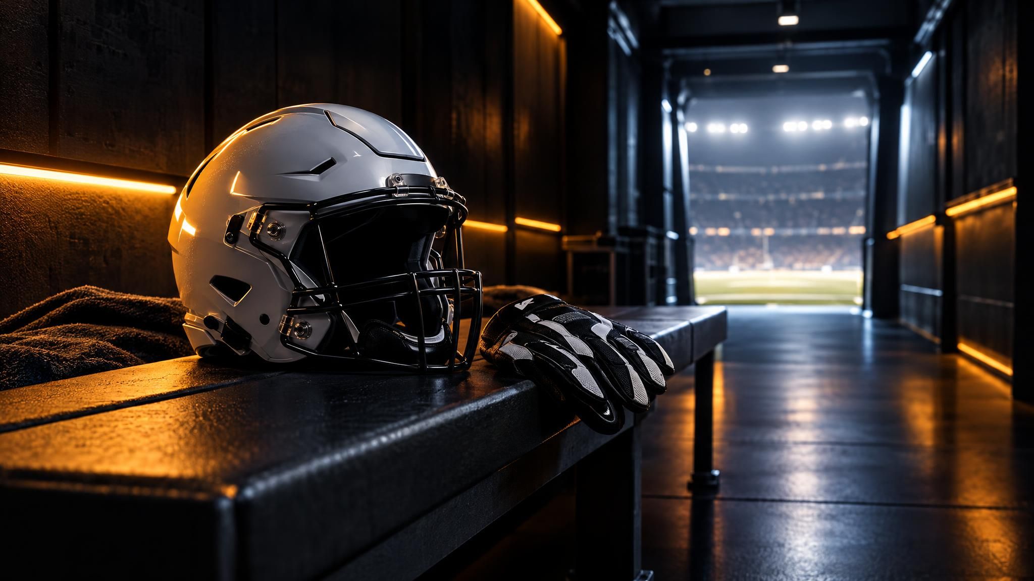 Neutraler Football-Helm und Handschuhe auf einer Bank im dunkel beleuchteten Spielertunnel