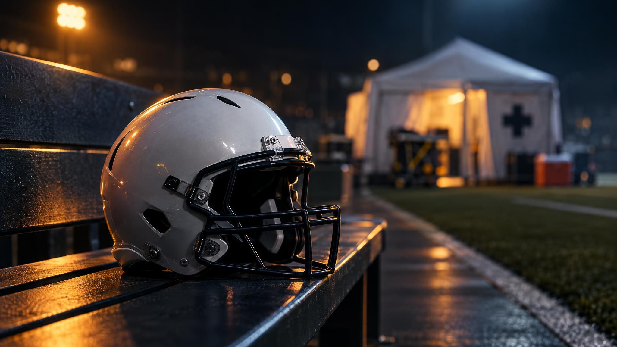 Football-Helm auf einer Bank am Spielfeldrand vor einem unscharfen medizinischen Zelt