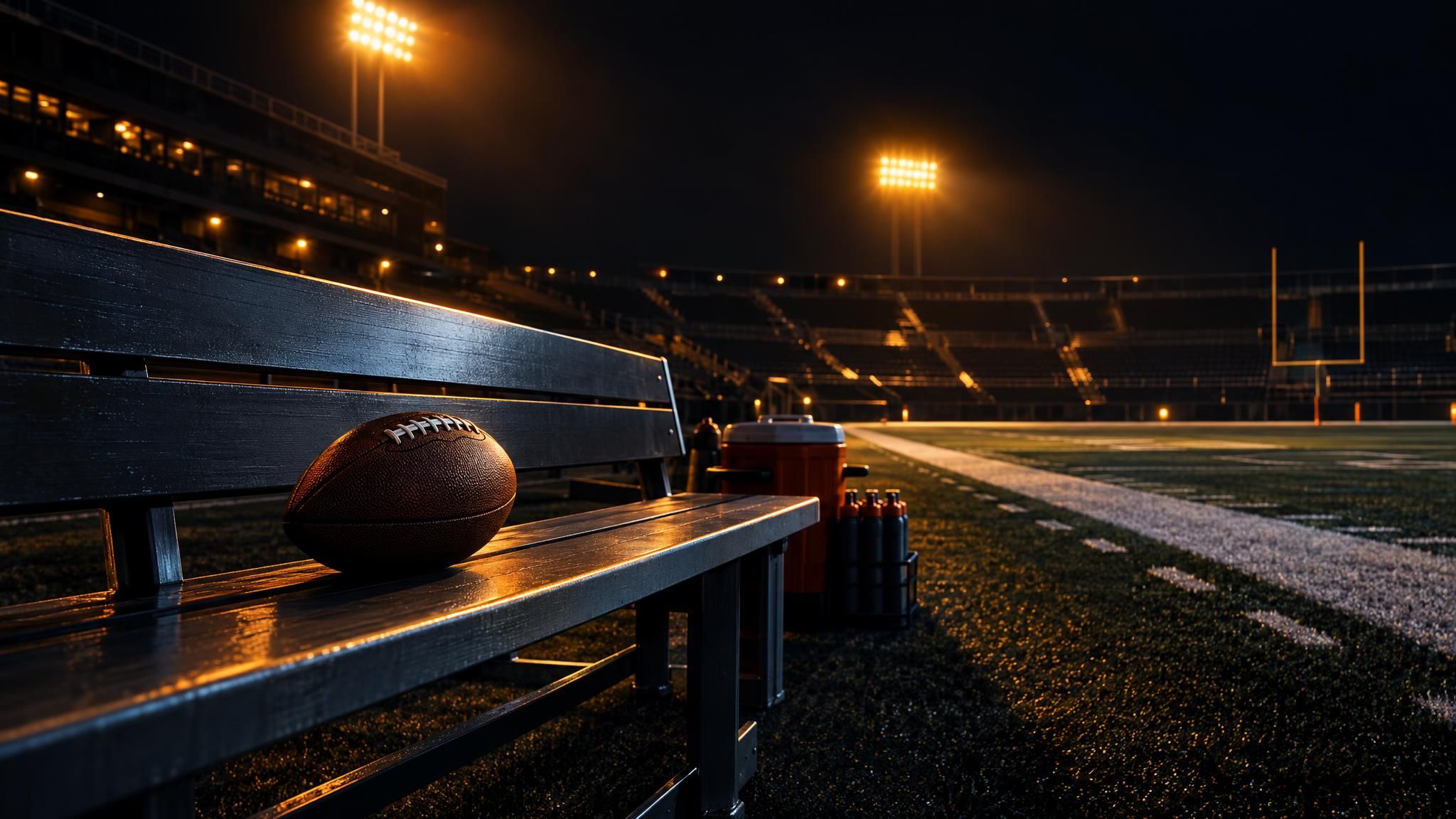 American Football auf einer leeren Bank am Spielfeldrand im Flutlicht