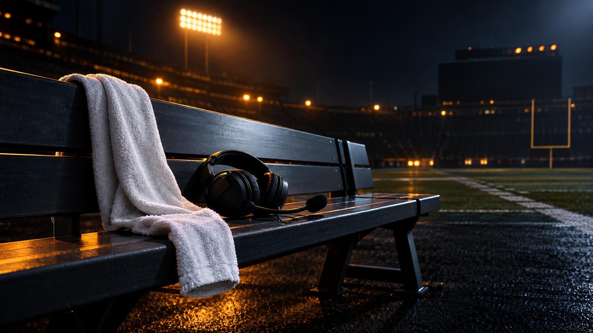 Headset und weißes Handtuch auf einer leeren Stadionbank bei Flutlicht