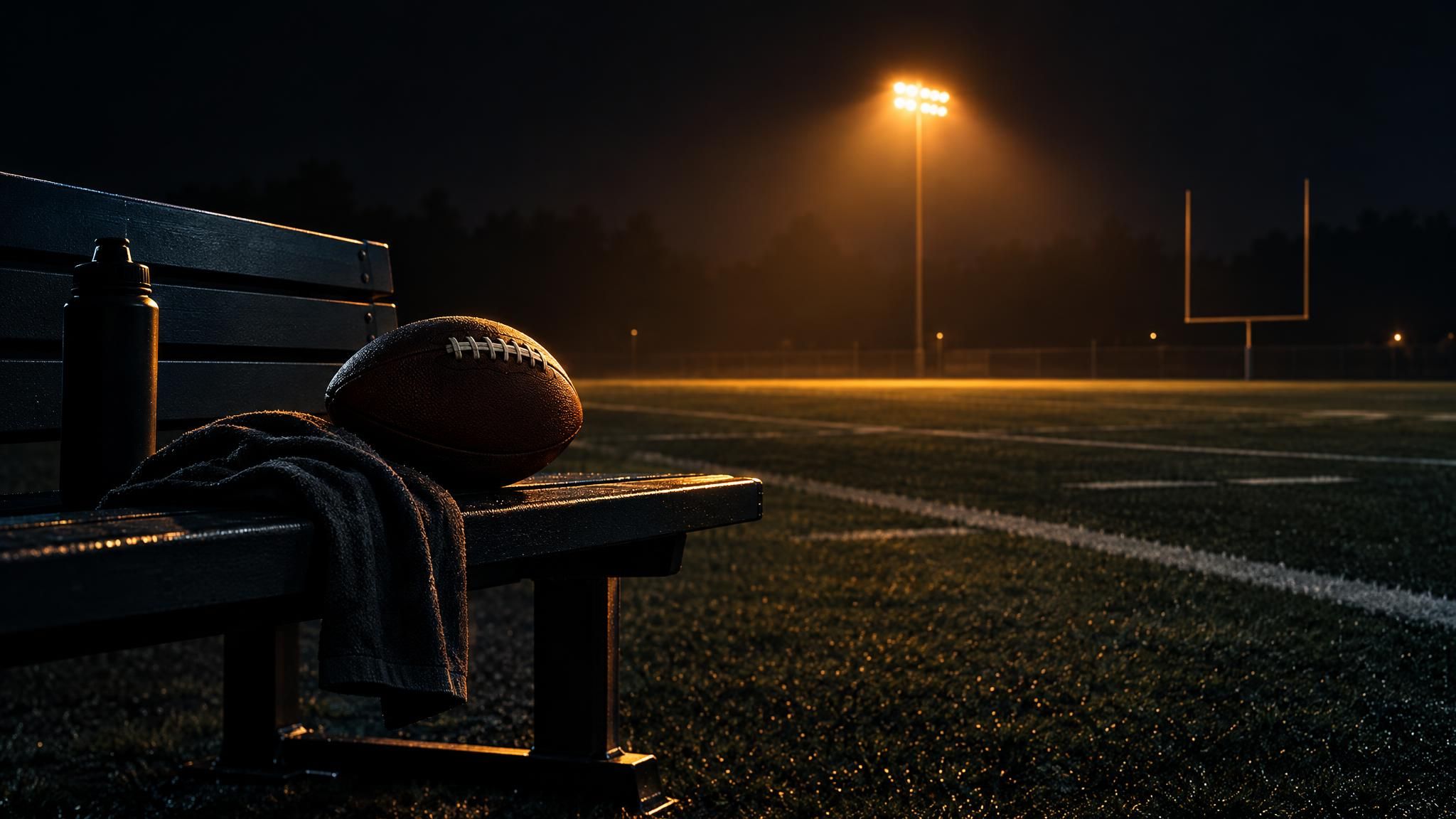 American Football auf einer dunklen Bank vor einem leeren Trainingsfeld im Flutlicht