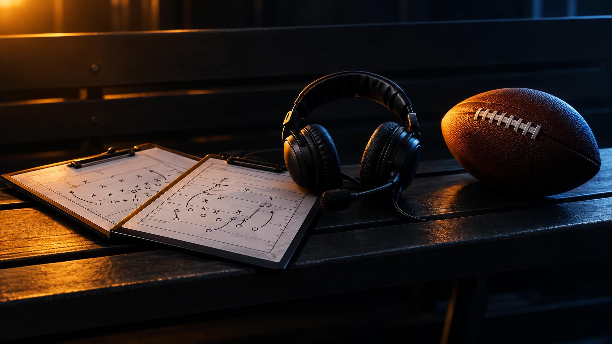 Football, Headset und zwei Spielzugtafeln auf einer dunklen Bank