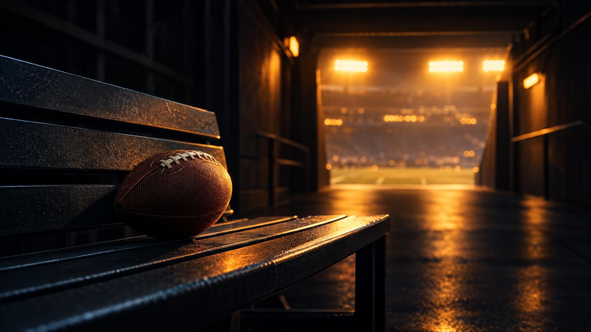 American-Football auf einer dunklen Stadionbank vor beleuchtetem Spielertunnel