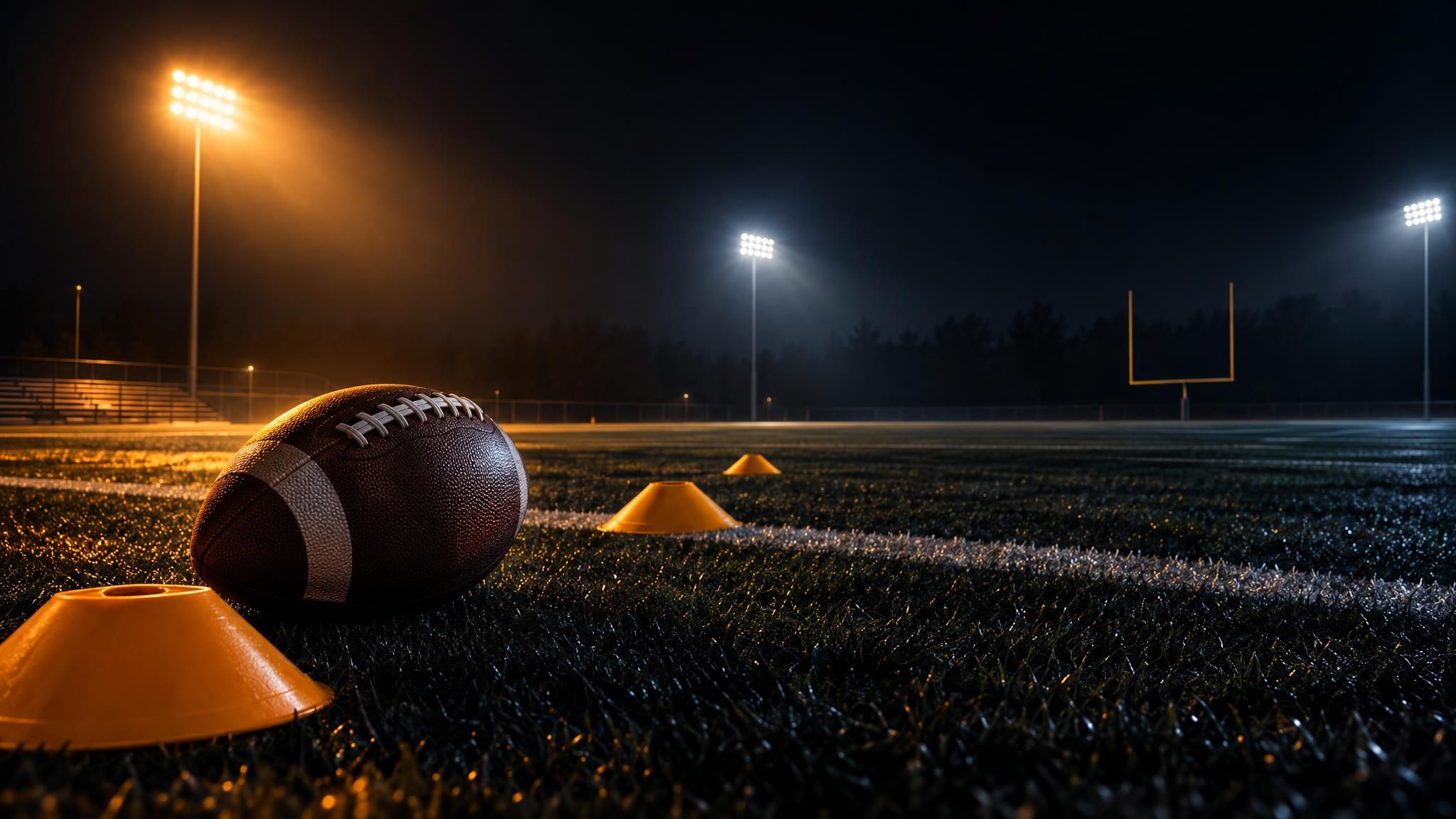 Football und Trainingshütchen auf einem leeren Footballfeld unter Flutlicht