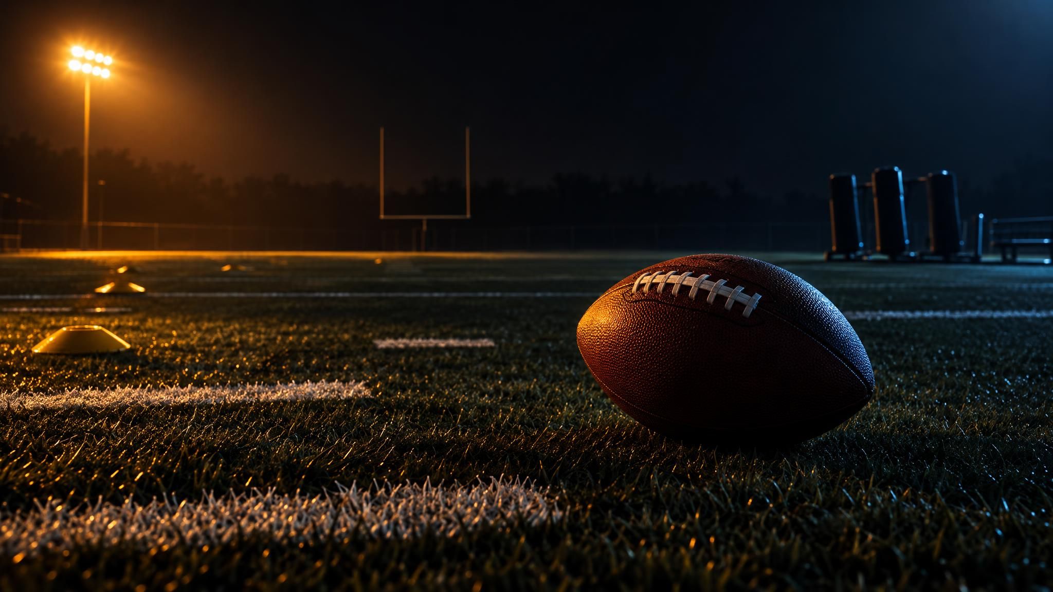 Football auf einem beleuchteten Trainingsplatz bei Nacht