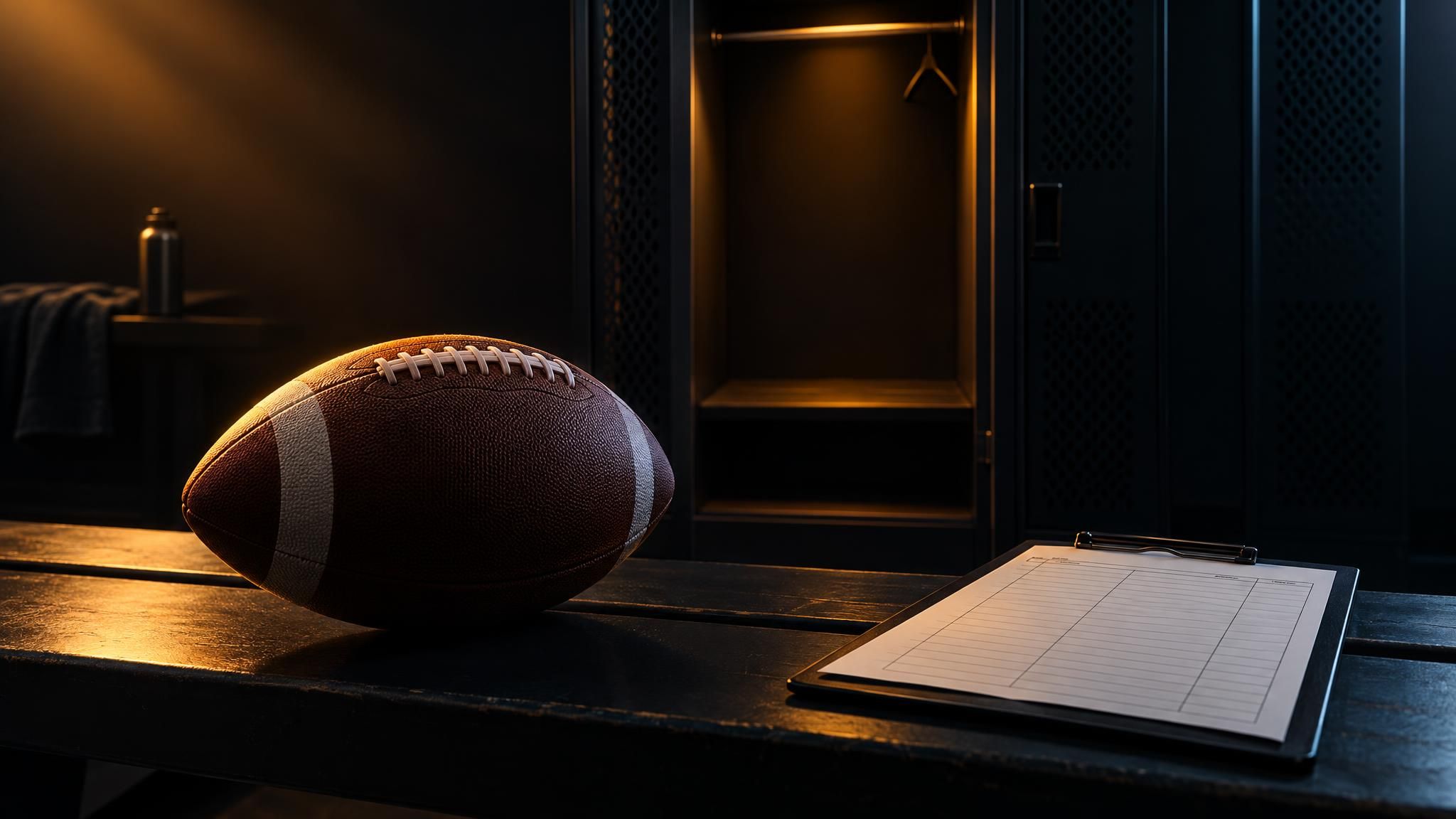 American Football vor einem leeren Spind mit unbeschrifteter Kaderliste