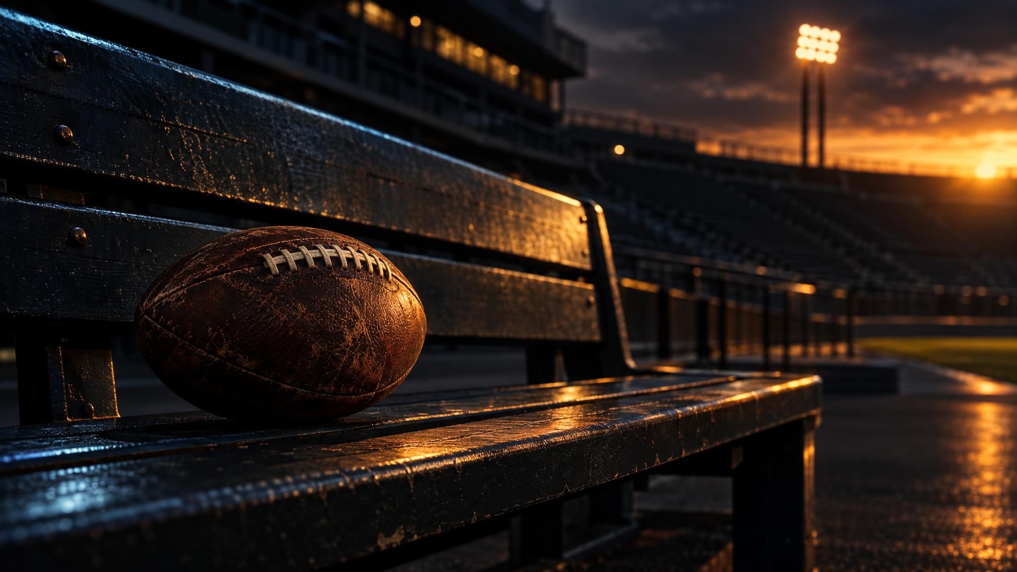 American Football auf einer leeren Stadionbank im warmen Licht