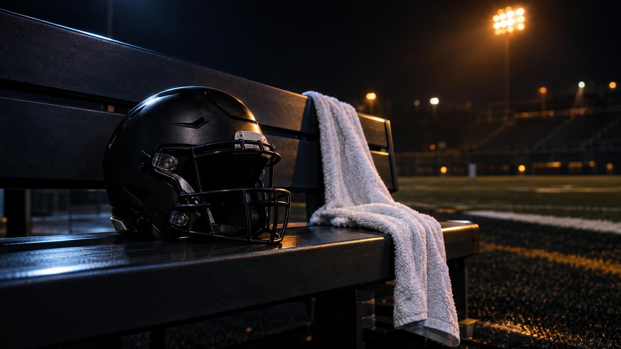 Unmarkierter Footballhelm und weißes Handtuch auf einer leeren Bank bei Nacht