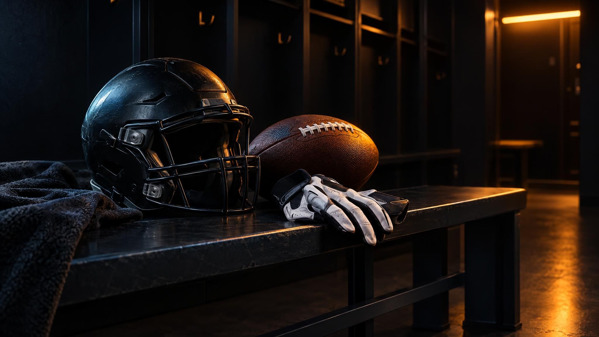 Helm, Football und Handschuhe auf einer Umkleidebank im warmen Licht