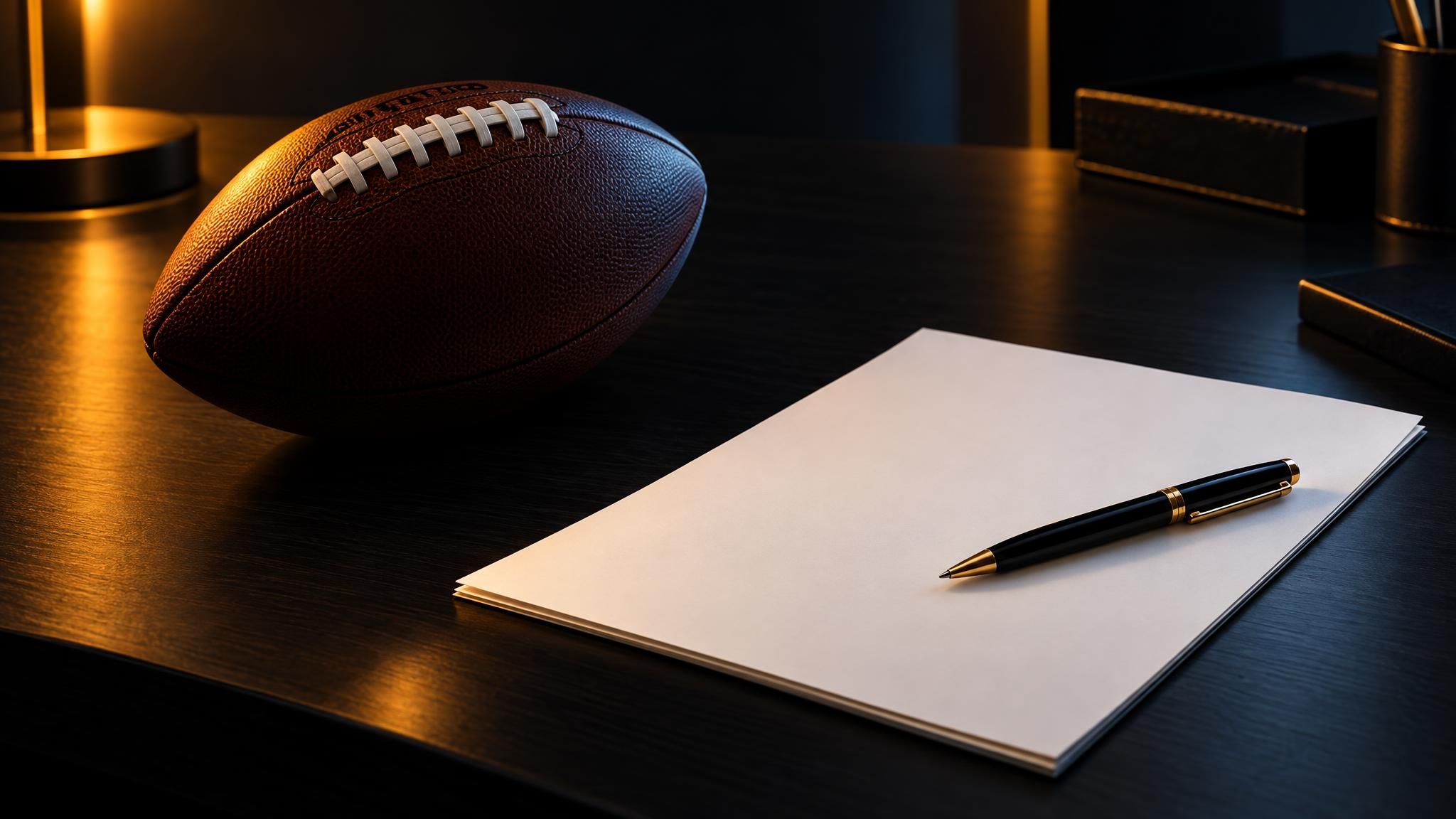 Football neben Papier und Stift auf dunklem Tisch