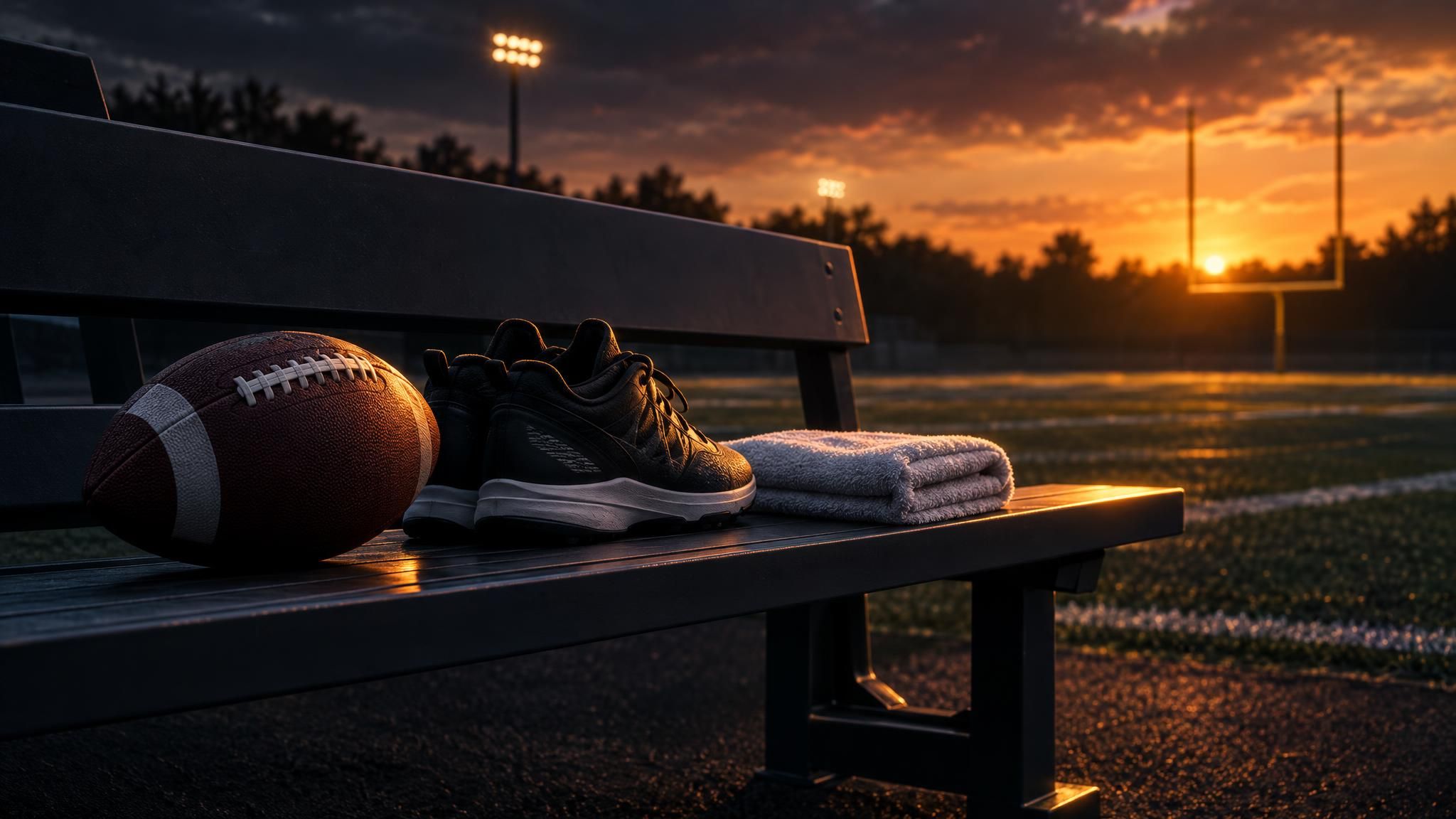 Football und Trainingsausrüstung auf einer leeren Bank am Spielfeld