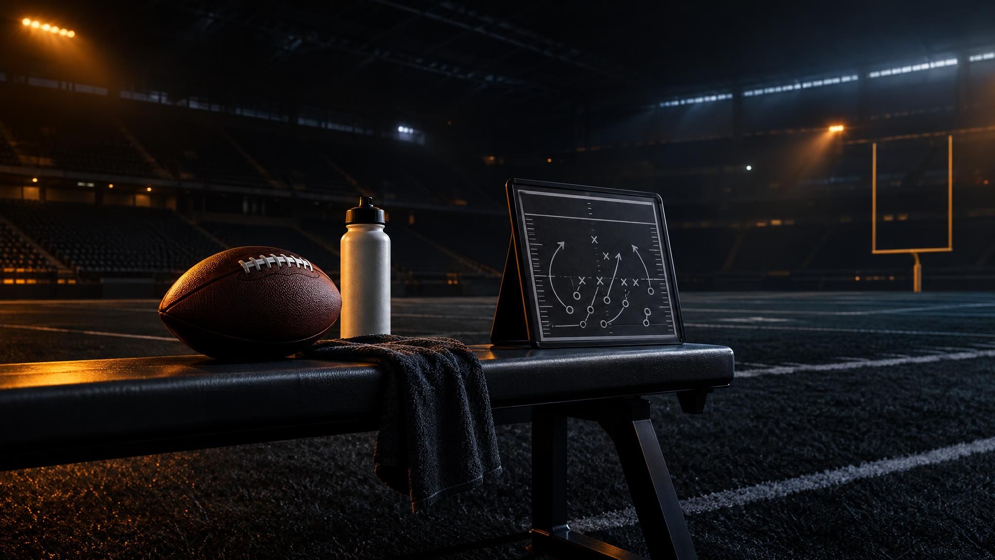 American Football auf einer Trainingsbank neben einem Taktikboard im Flutlicht