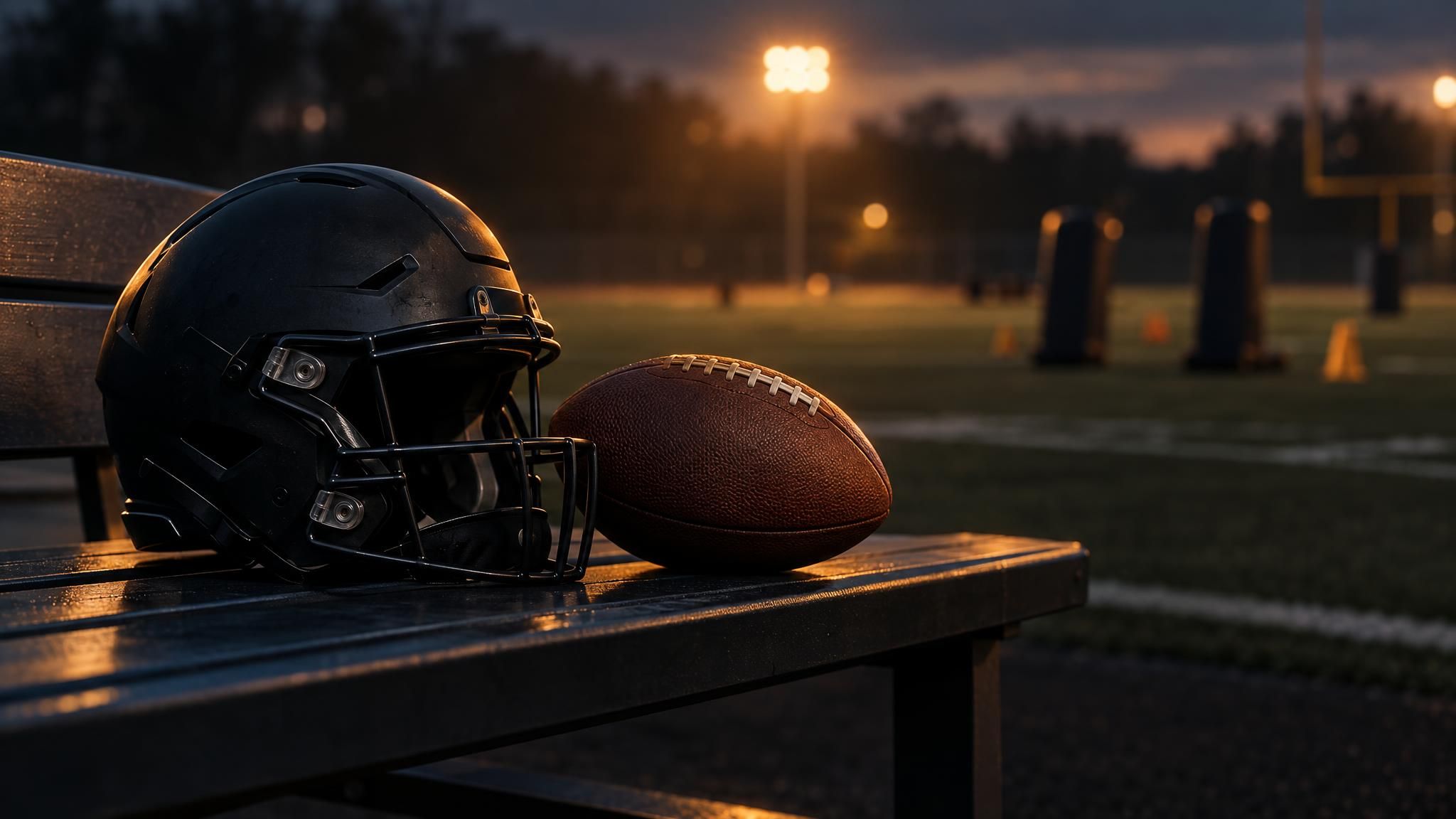 Schwarzer Footballhelm und Football auf einer Bank am Trainingsfeld