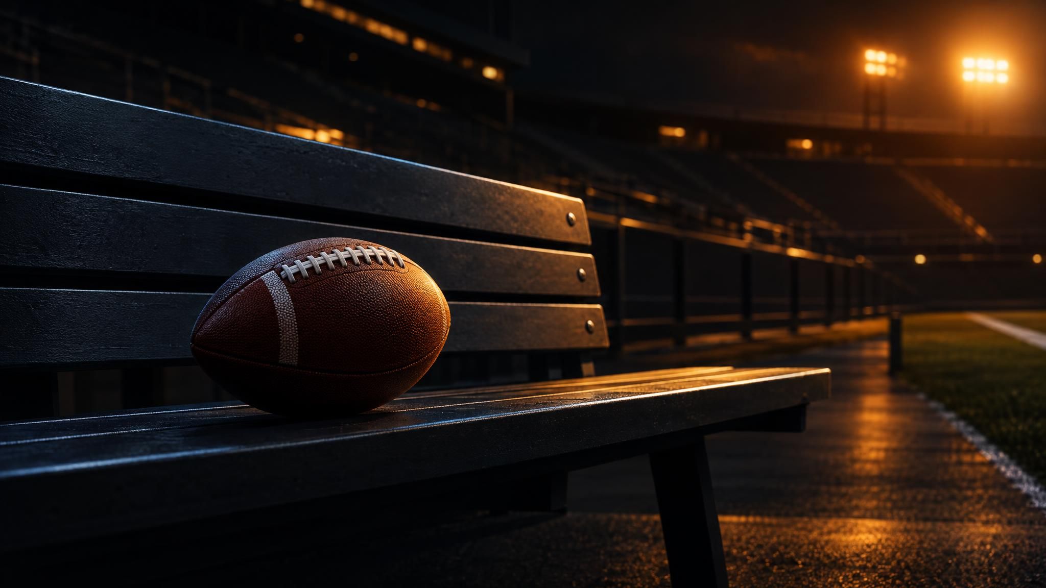 American Football auf einer Stadionbank im warmen Licht