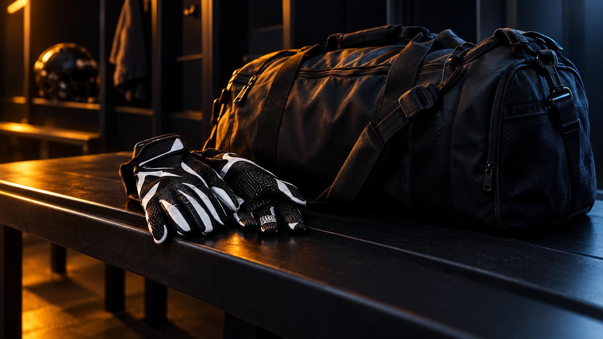Receiver-Handschuhe und Sporttasche auf einer dunklen Umkleidebank