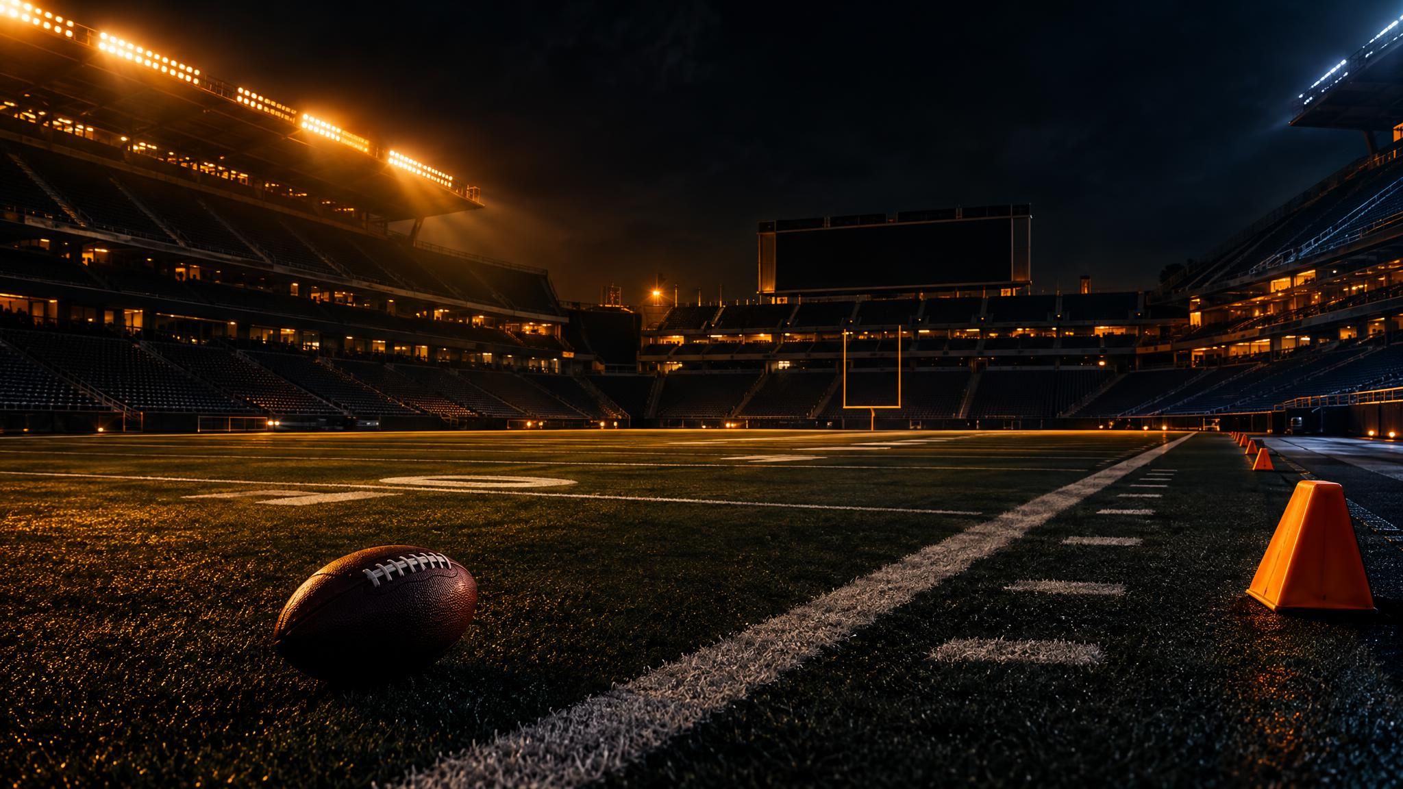 Football am Spielfeldrand eines beleuchteten Stadions bei Nacht