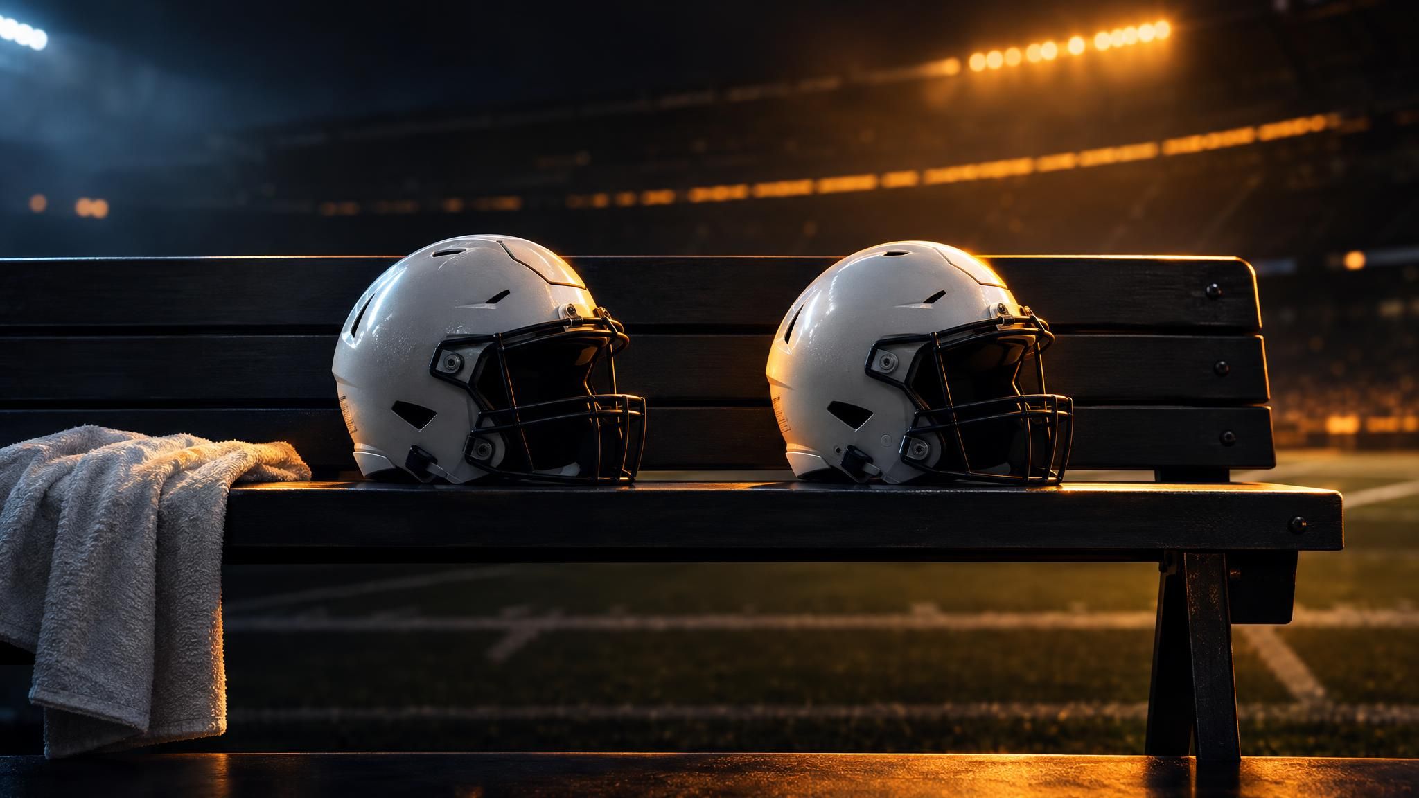 Zwei unmarkierte weiße Footballhelme auf einer Stadionbank im warmen Flutlicht