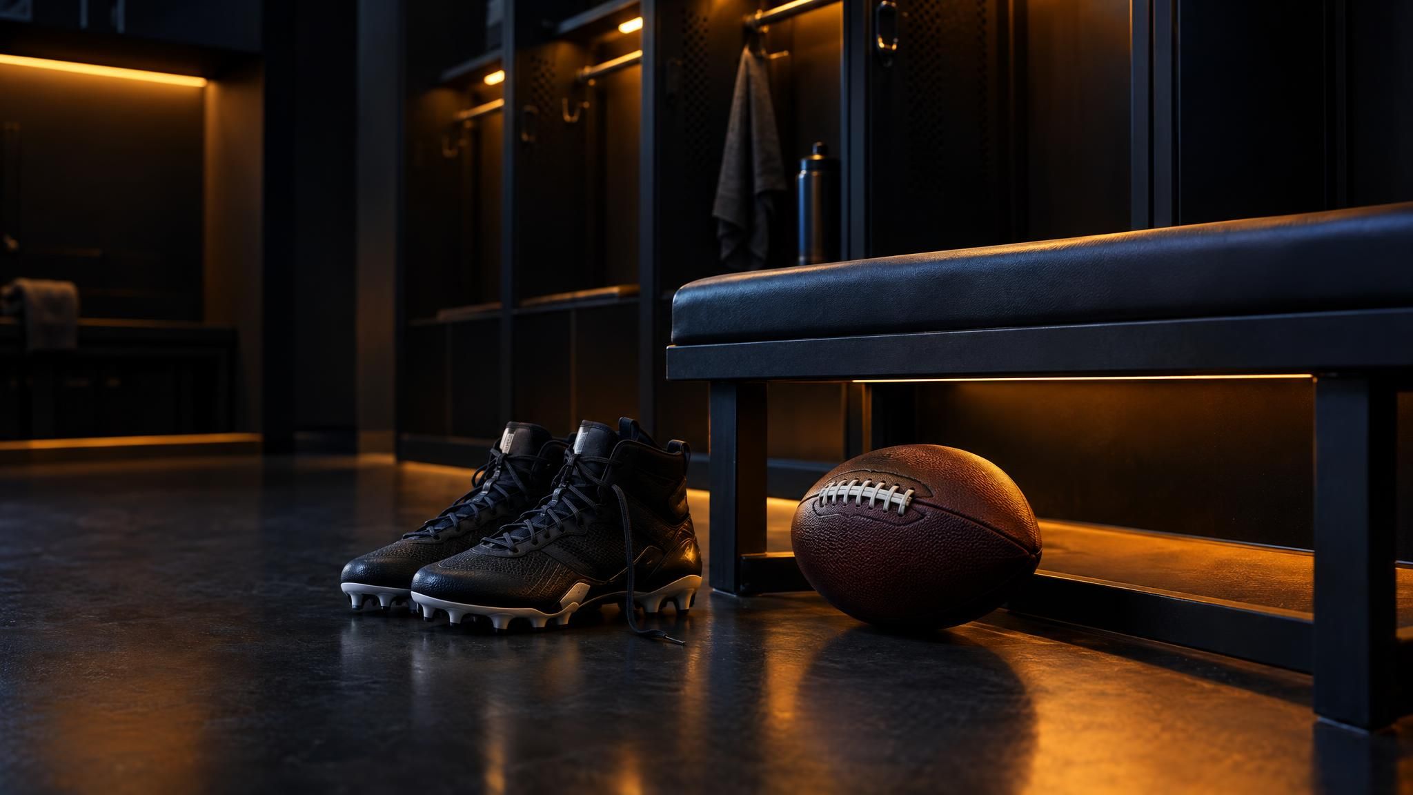 Football-Schuhe und ein Football neben einer leeren Umkleidebank