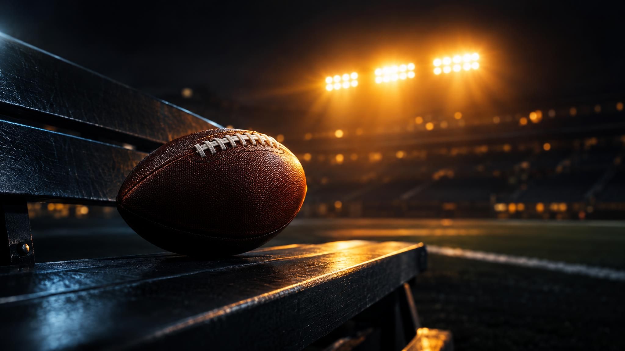 American Football auf einer dunklen Bank im Stadionlicht