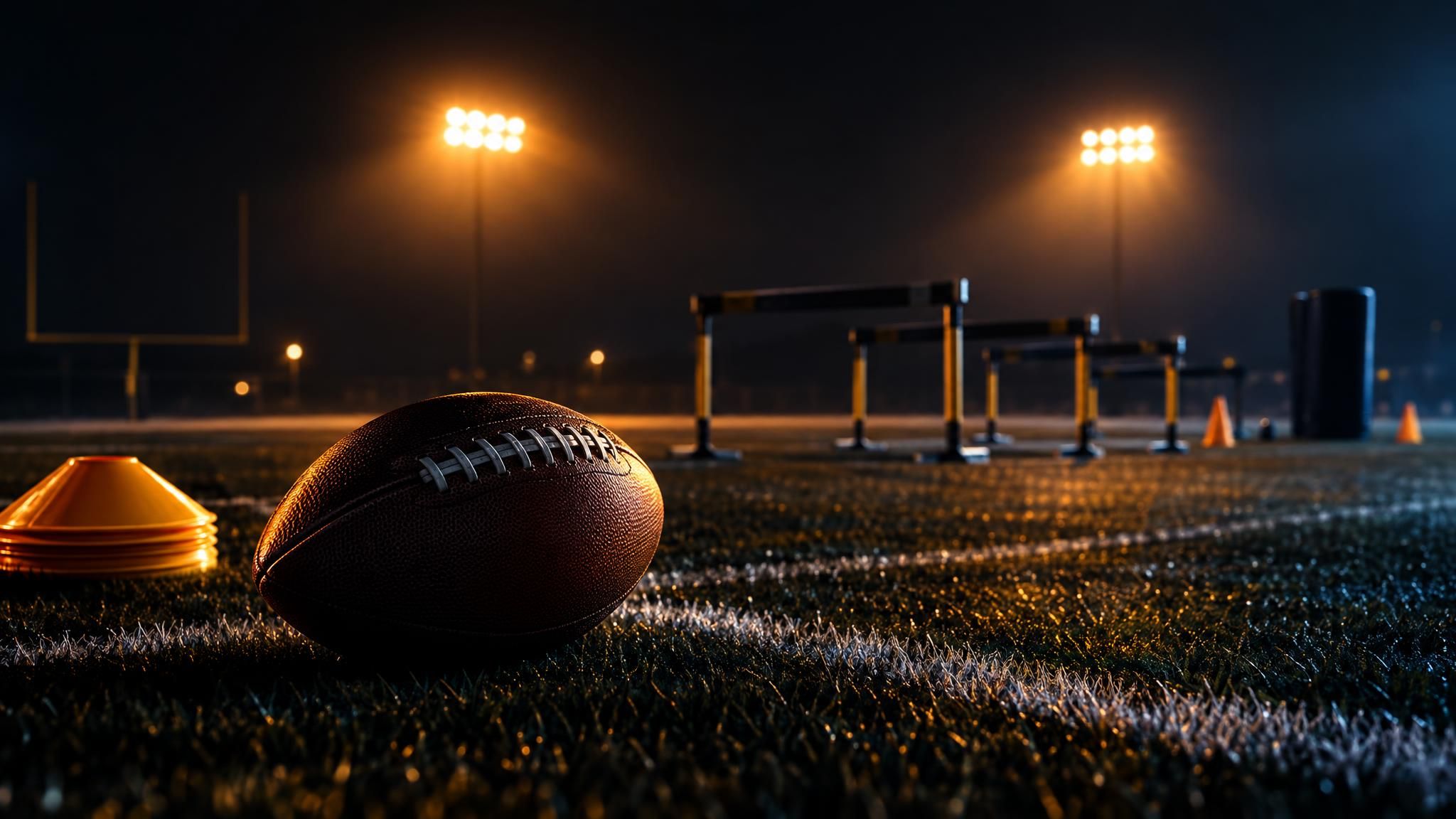 Football auf einem leeren Trainingsfeld im warmen Flutlicht