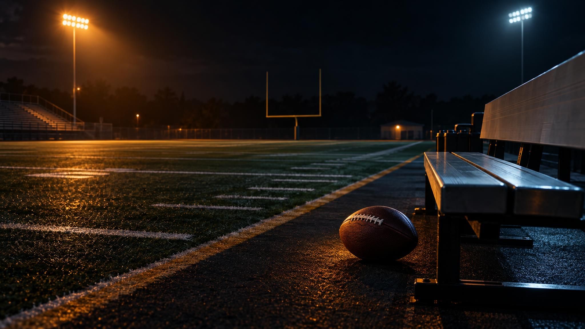 Football neben einer leeren Bank am nächtlichen Trainingsfeld