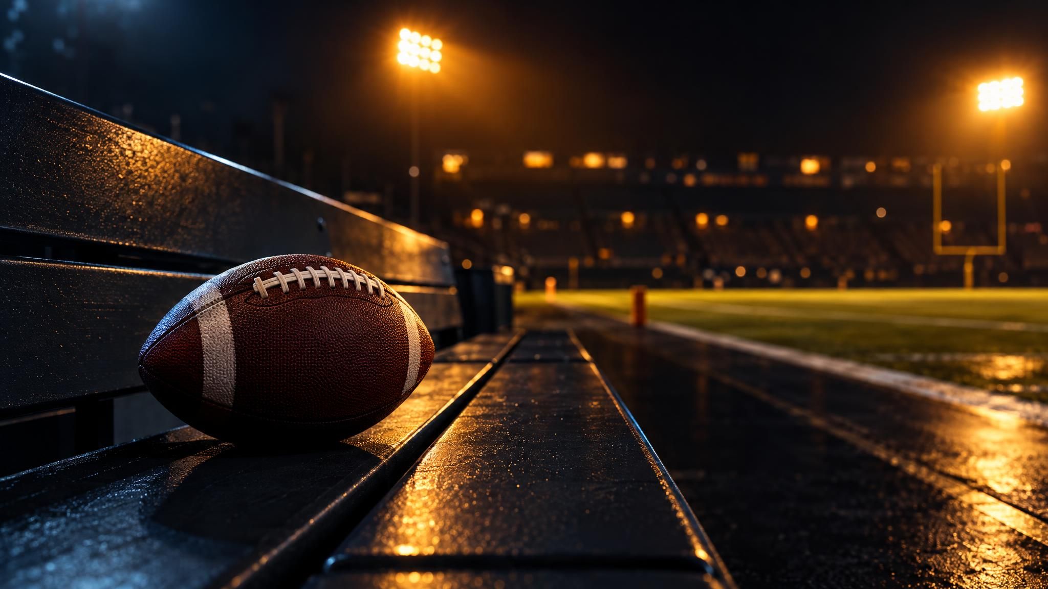 Football auf einer leeren Spielerbank am beleuchteten Spielfeldrand