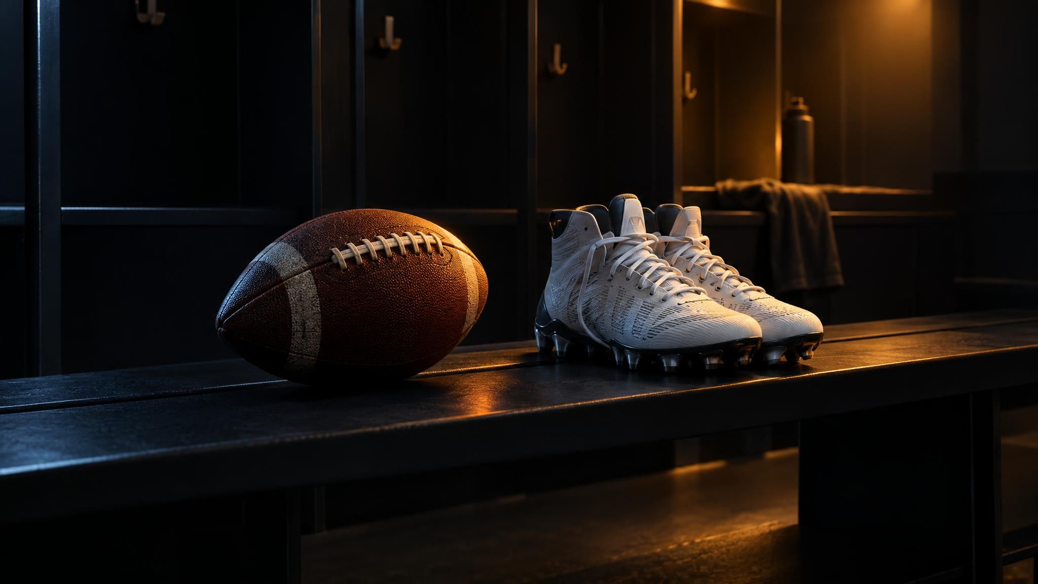 Football und ungetragene Footballschuhe auf einer dunklen Bank