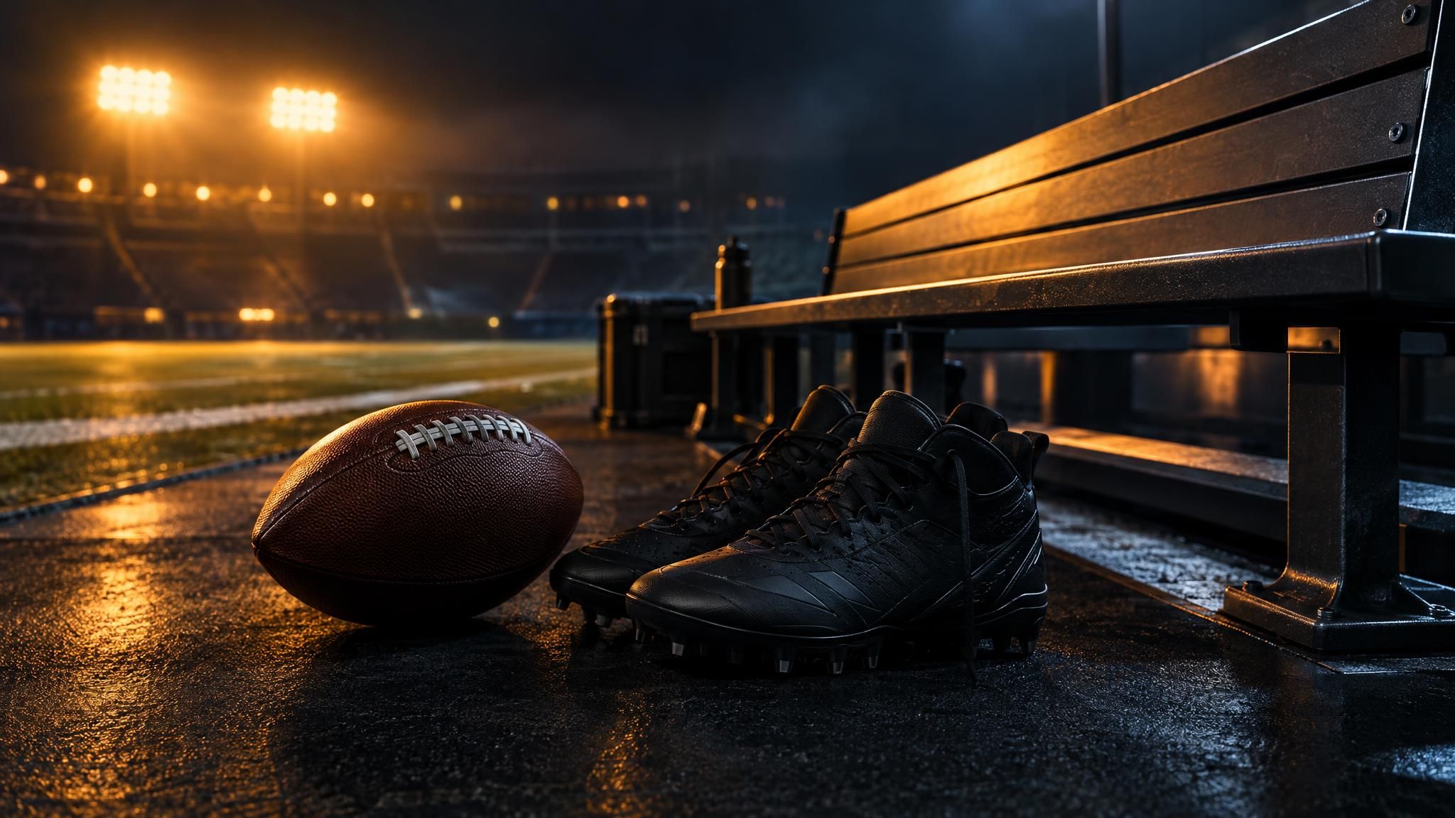 Football und schwarze Football-Schuhe neben einer leeren Bank