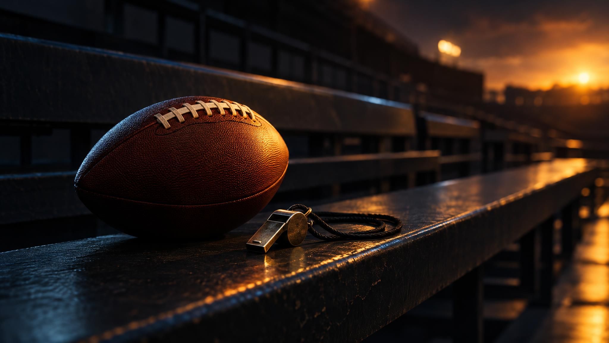 American Football und Trainerpfeife auf einer leeren Stadionbank im warmen Licht