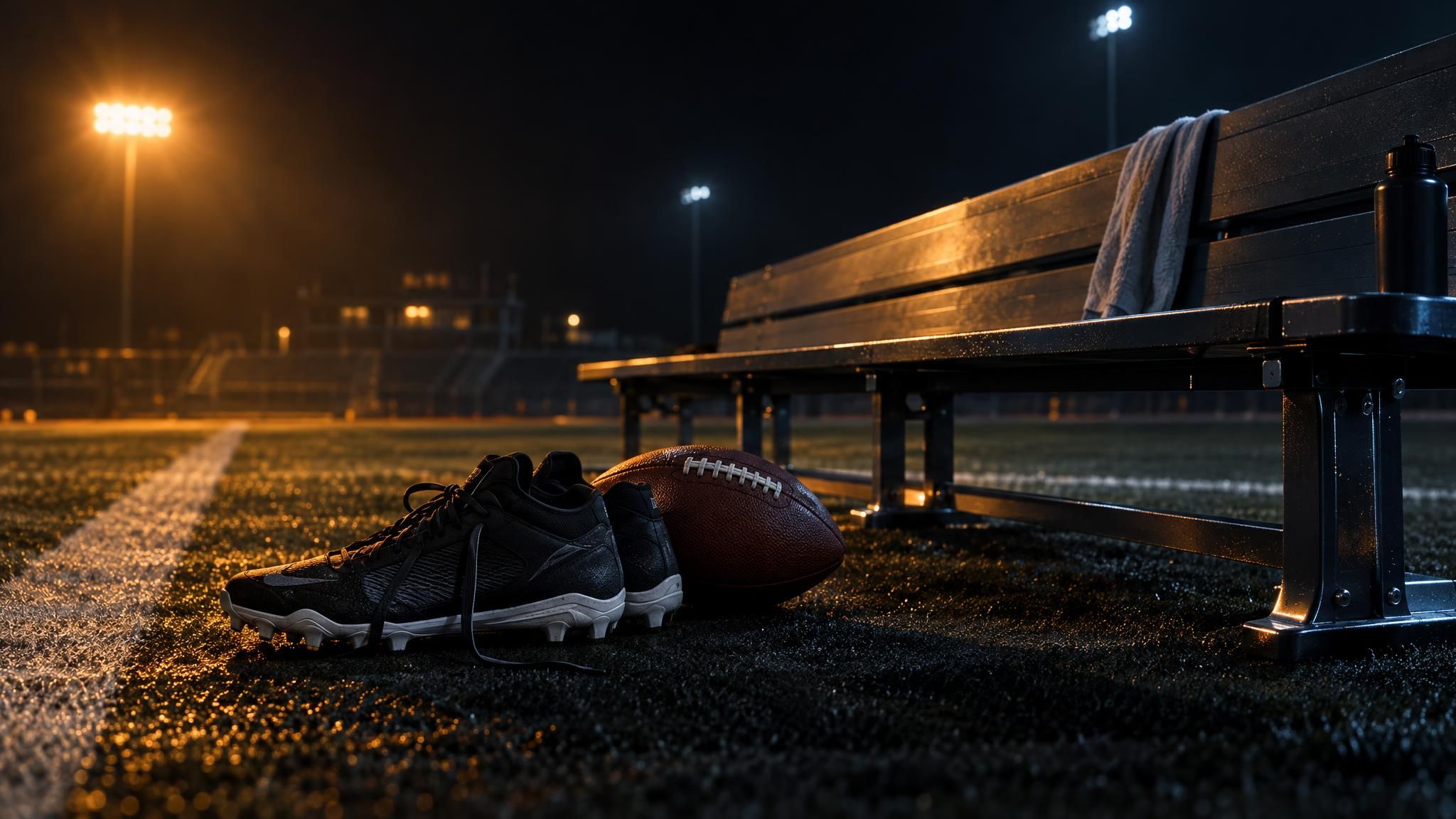 Football-Schuhe und Football neben einer leeren Bank am Spielfeldrand