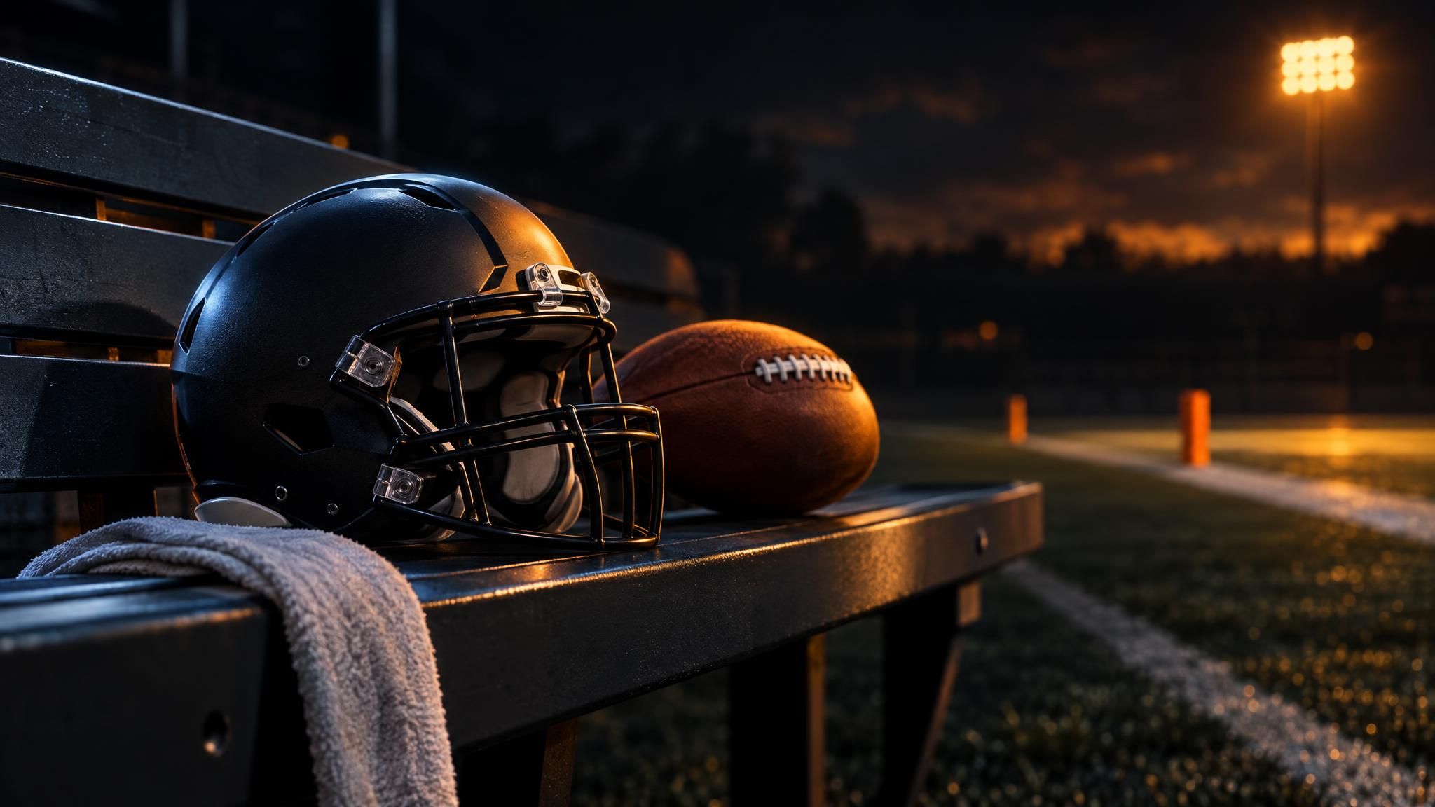Neutraler Football-Helm und Football auf einer leeren Bank am Spielfeldrand