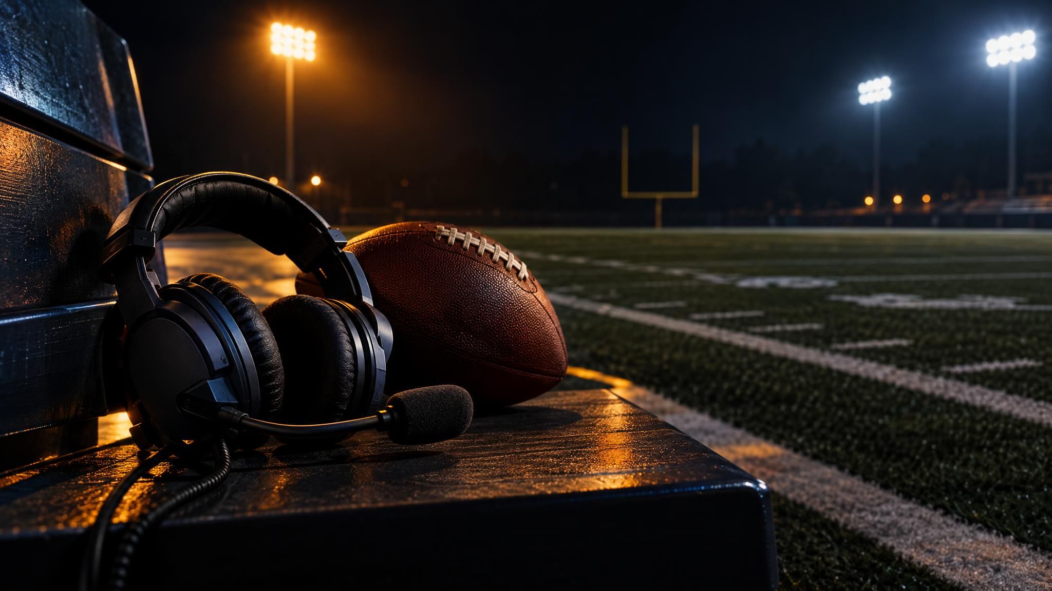 Football und Trainer-Headset an einer beleuchteten Seitenlinie bei Nacht