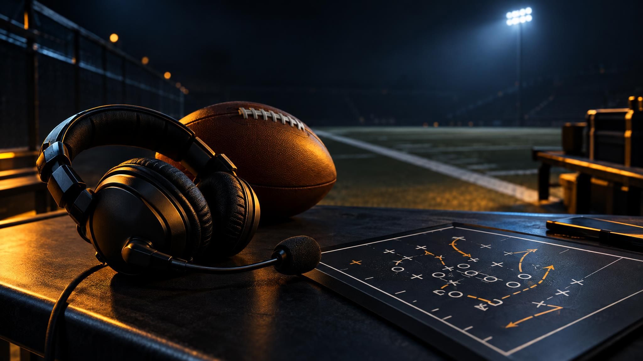 Football und Trainerheadset neben einer Taktiktafel im beleuchteten Stadion