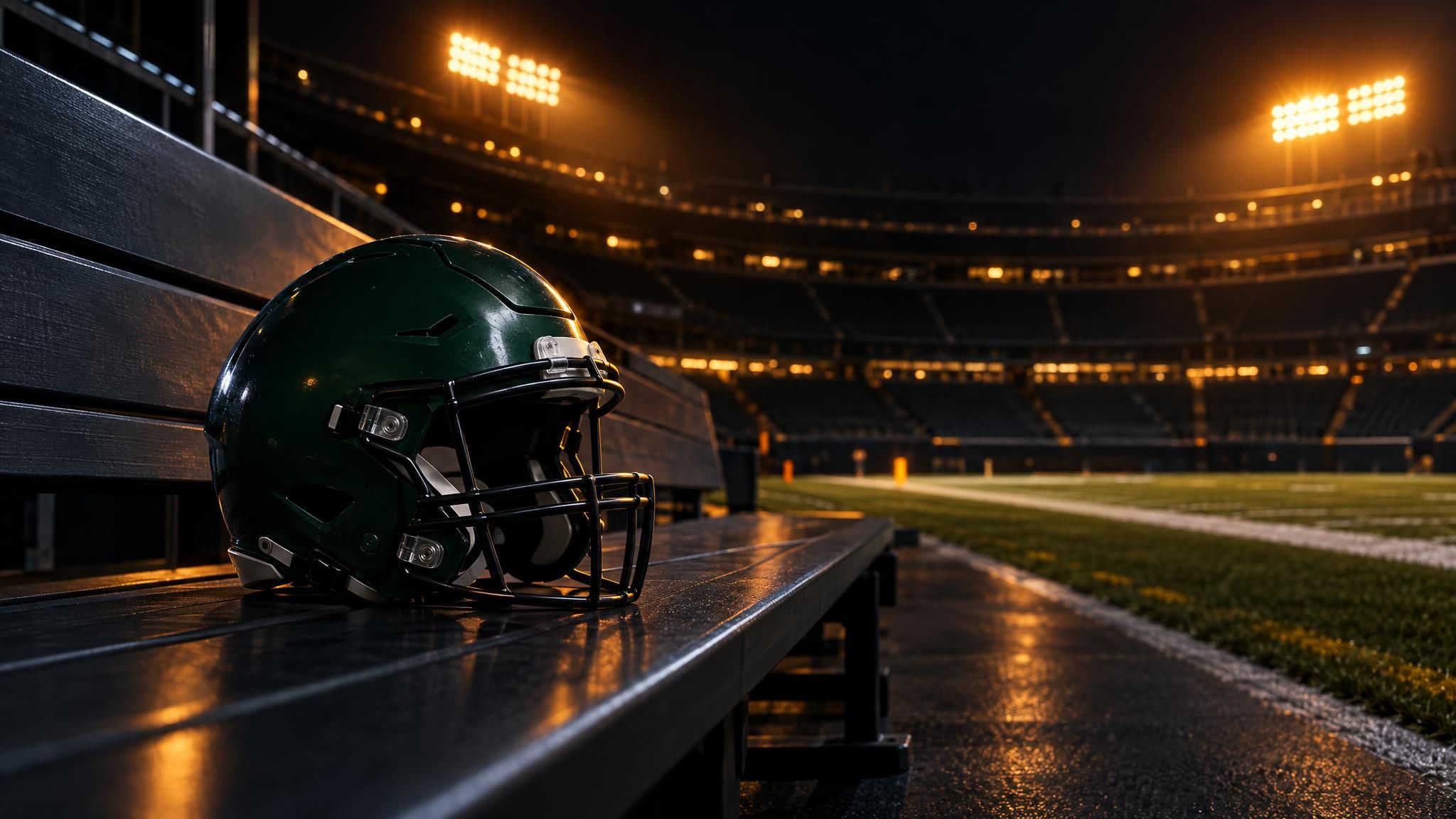 Dunkelgrüner Footballhelm auf einer leeren Bank im nächtlichen Stadion