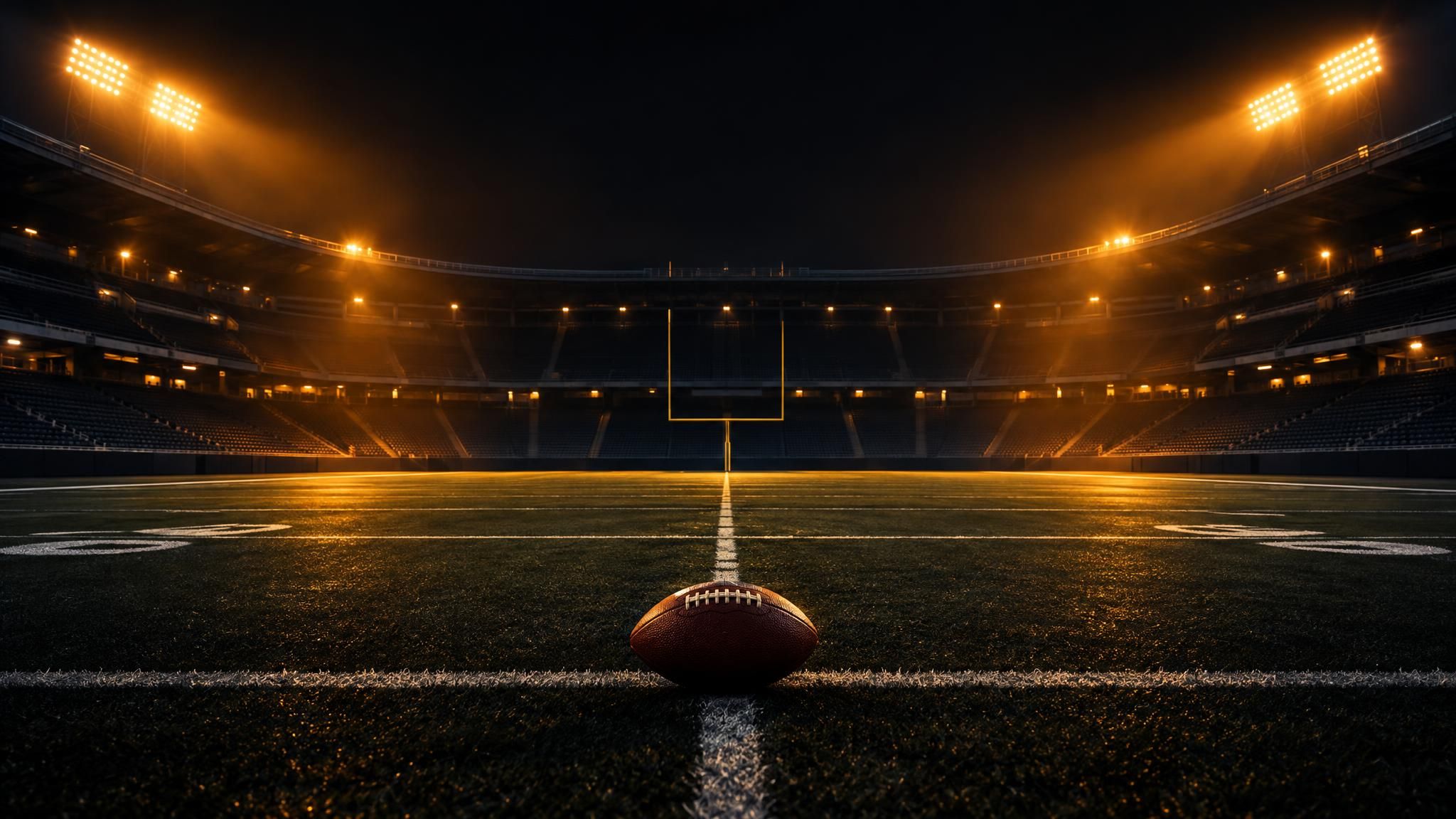 American Football auf einem dunklen Spielfeld unter bernsteinfarbenem Flutlicht