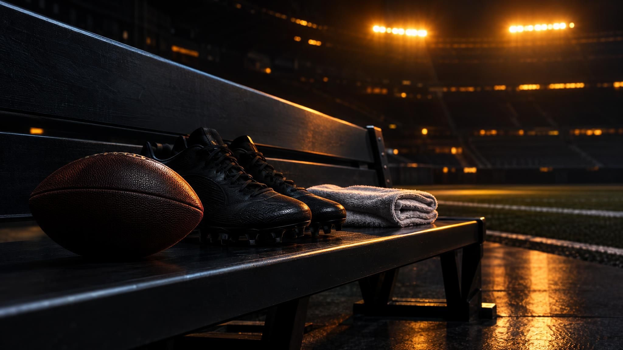 Football, schwarze Footballschuhe und ein Handtuch auf einer leeren Stadionbank
