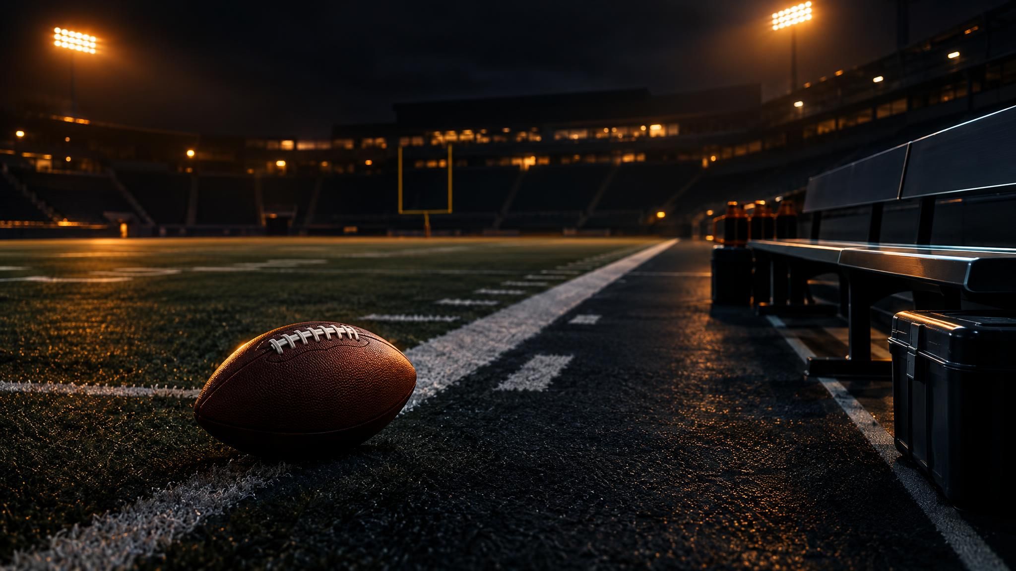 Ein American Football an einer leeren Seitenlinie im nächtlichen Stadion.