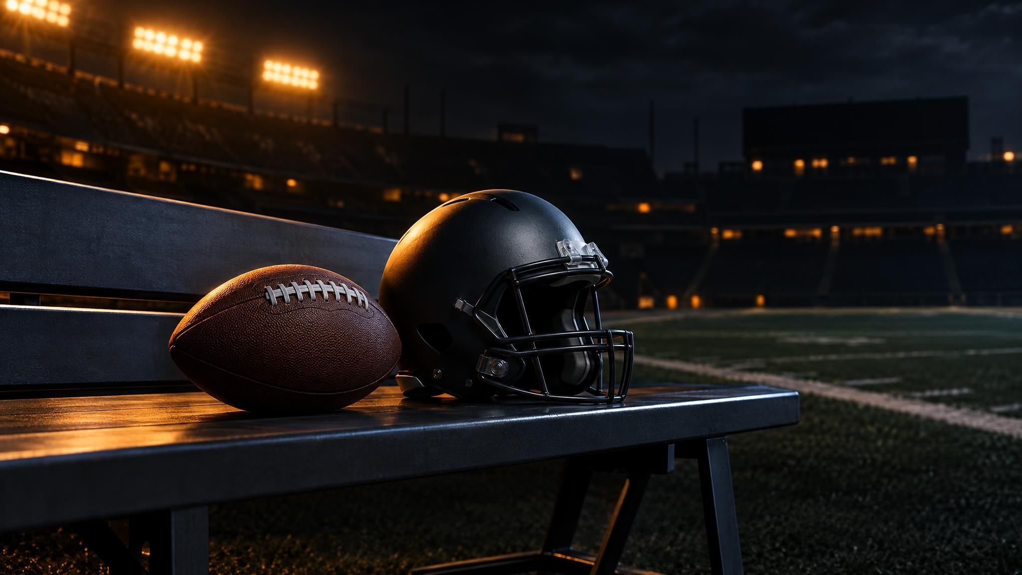 Football und neutraler Helm auf einer leeren Bank am Spielfeldrand